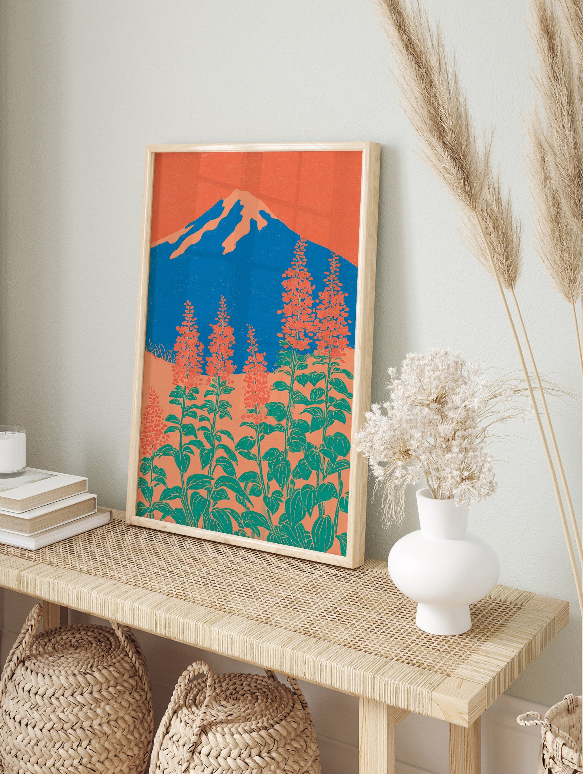 Japanese wall art print of Mount Fuji, blue mountain, orange sky, and red-orange botanical flowers with green leaves. - Image 3