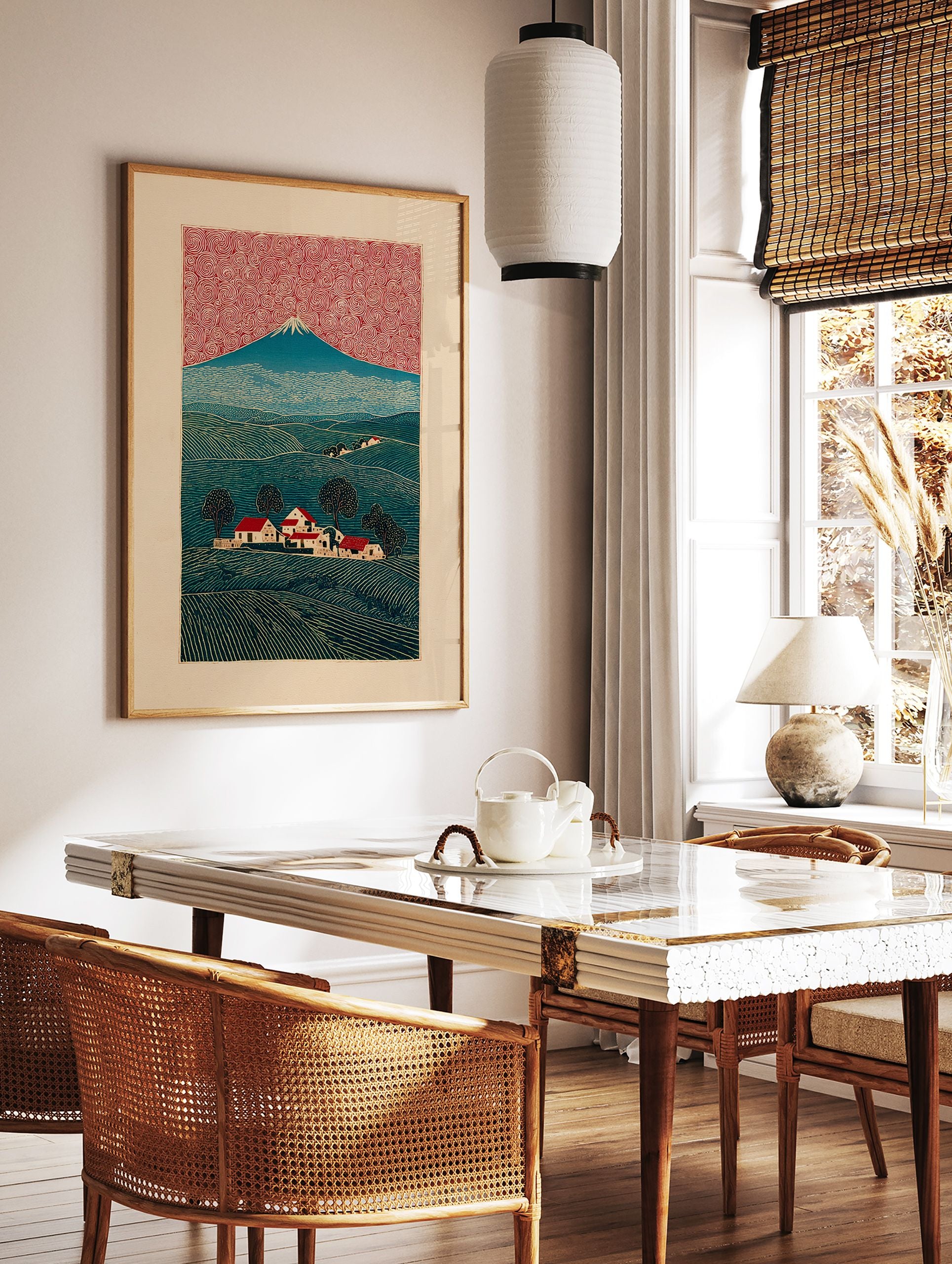 Japanese woodblock print of Mount Fuji, a village with red roofs, green fields, and a red swirling sky. - Image 2