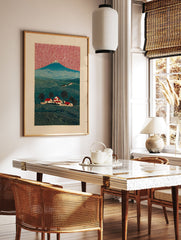 Japanese woodblock print of Mount Fuji, a village with red roofs, green fields, and a red swirling sky. - Image 2