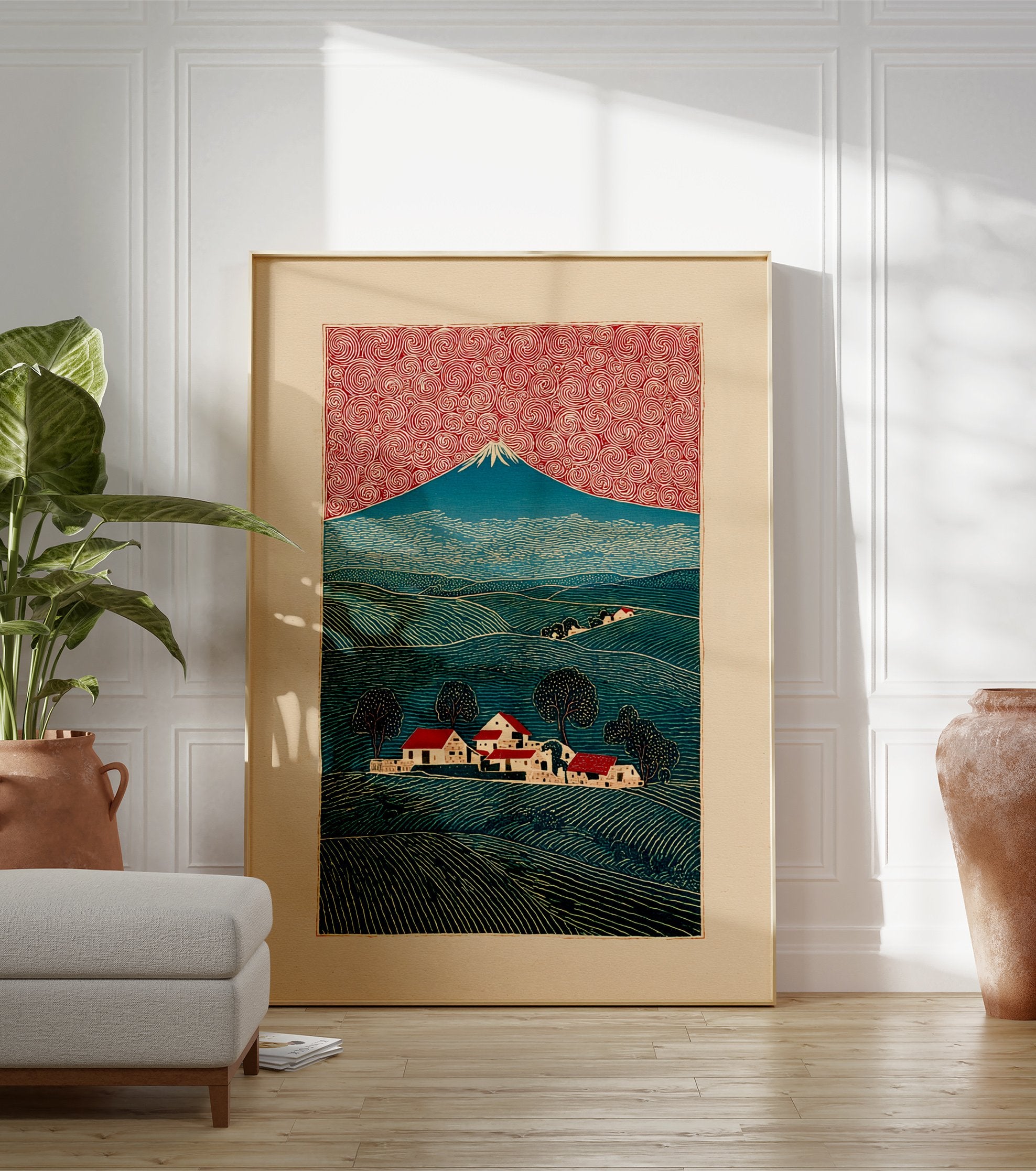 Japanese woodblock print of Mount Fuji, a village with red roofs, green fields, and a red swirling sky. - Image 3