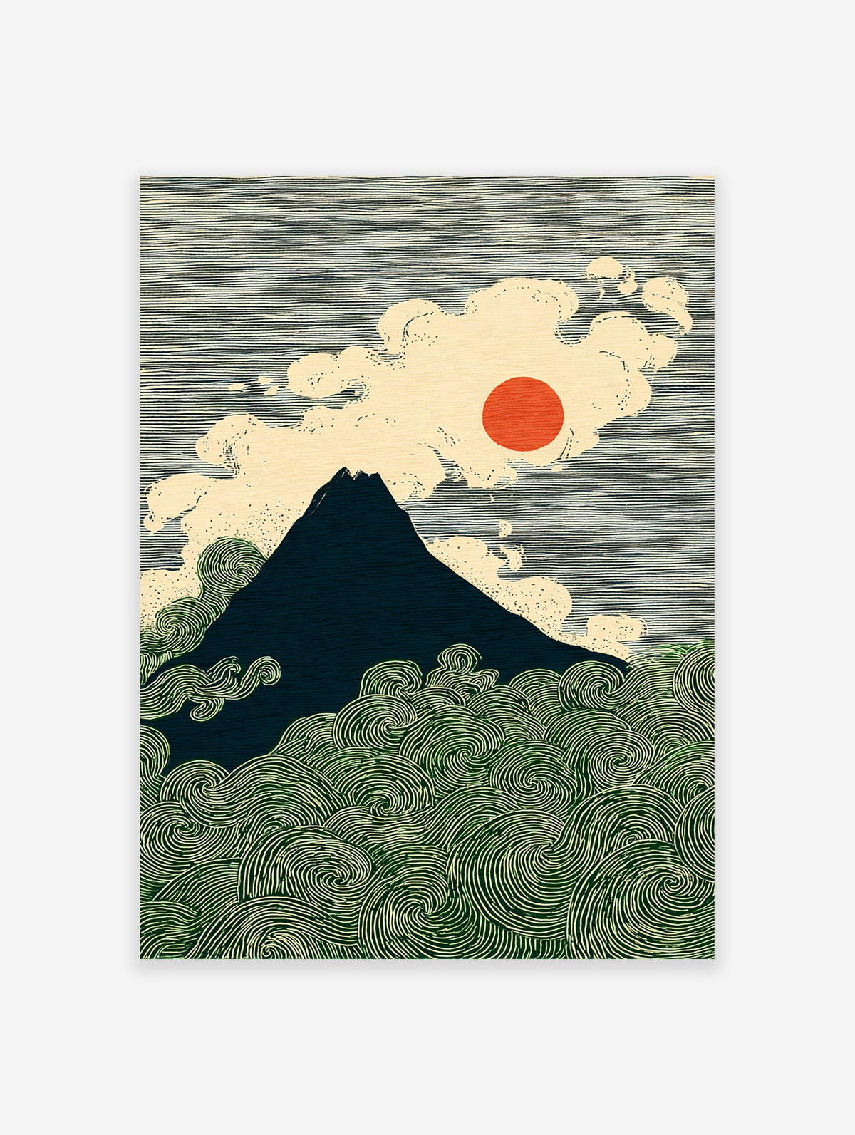 Japanese Mount Fuji art print with a dark mountain, red sun, white clouds, and green swirling waves in Ukiyo-e style.