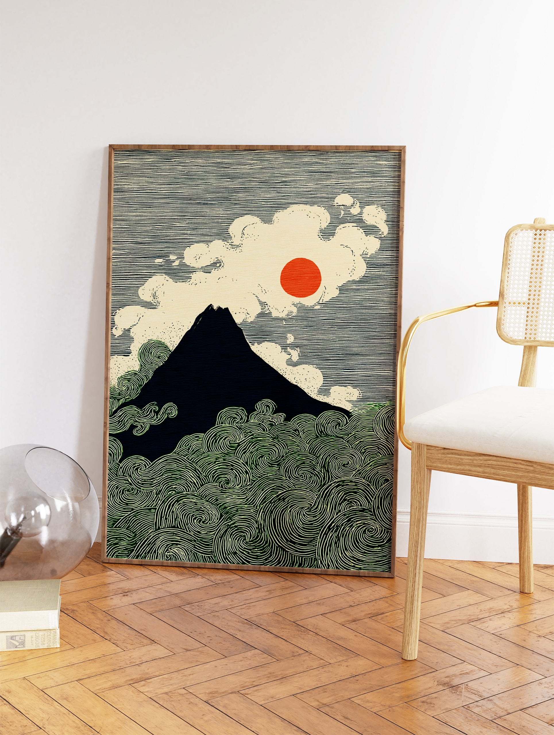Japanese Mount Fuji art print with a dark mountain, red sun, white clouds, and green swirling waves in Ukiyo-e style. - Image 2