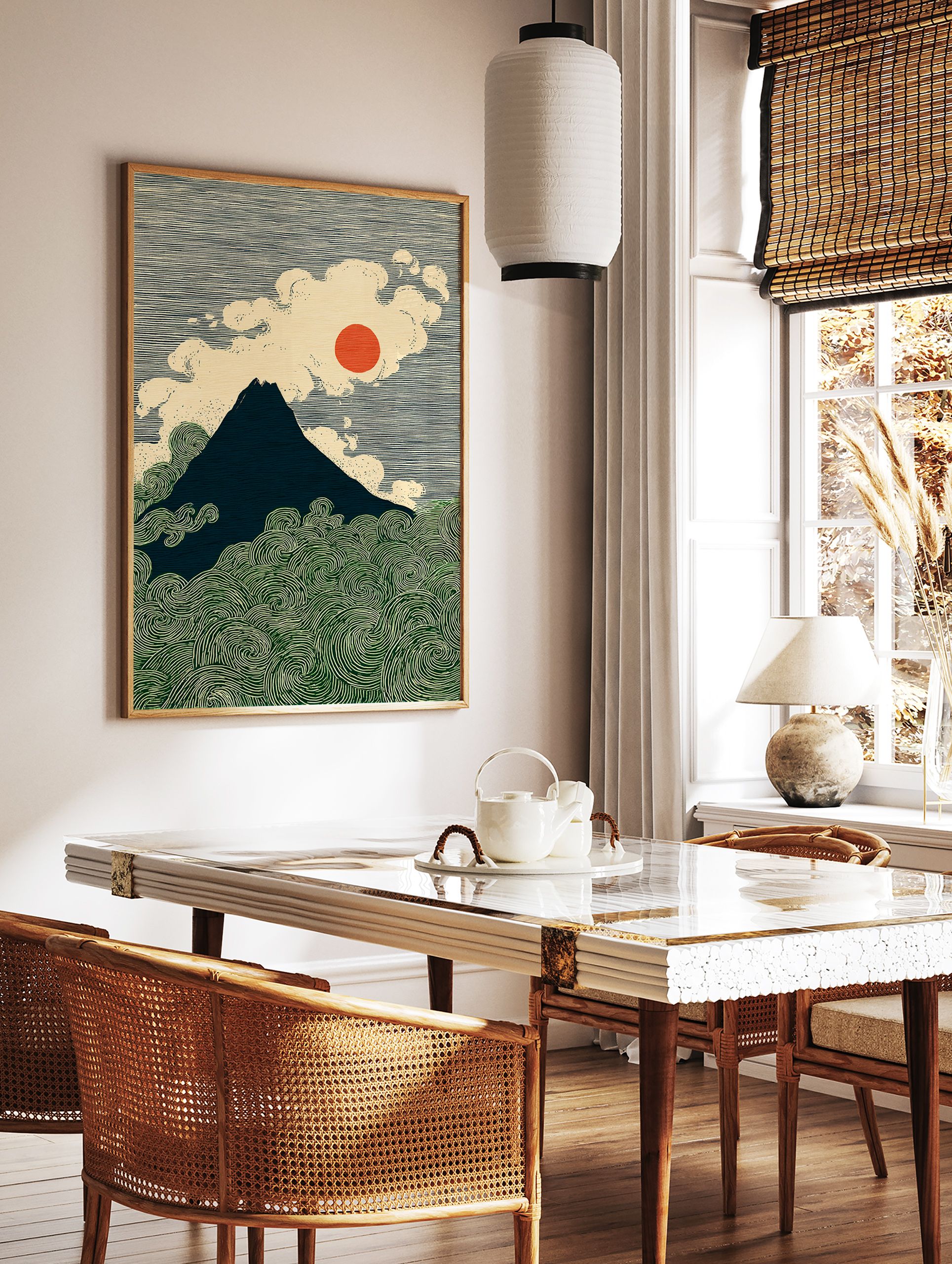 Japanese Mount Fuji art print with a dark mountain, red sun, white clouds, and green swirling waves in Ukiyo-e style. - Image 3