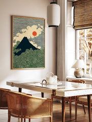 Japanese Mount Fuji art print with a dark mountain, red sun, white clouds, and green swirling waves in Ukiyo-e style. - Image 3