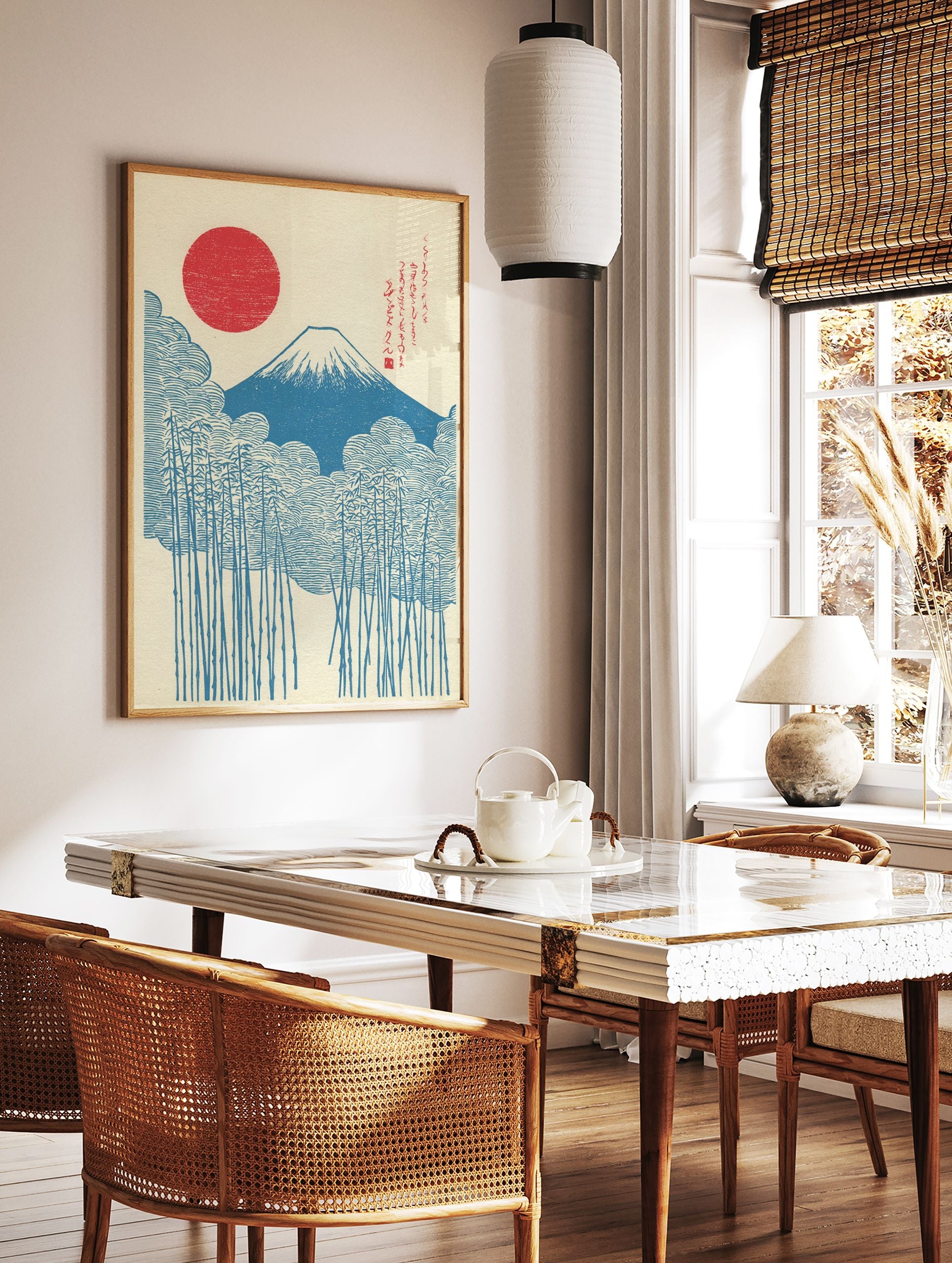 Japanese woodblock style print of Mount Fuji, a red rising sun, blue clouds, and bamboo stalks on a cream background. - Image 3