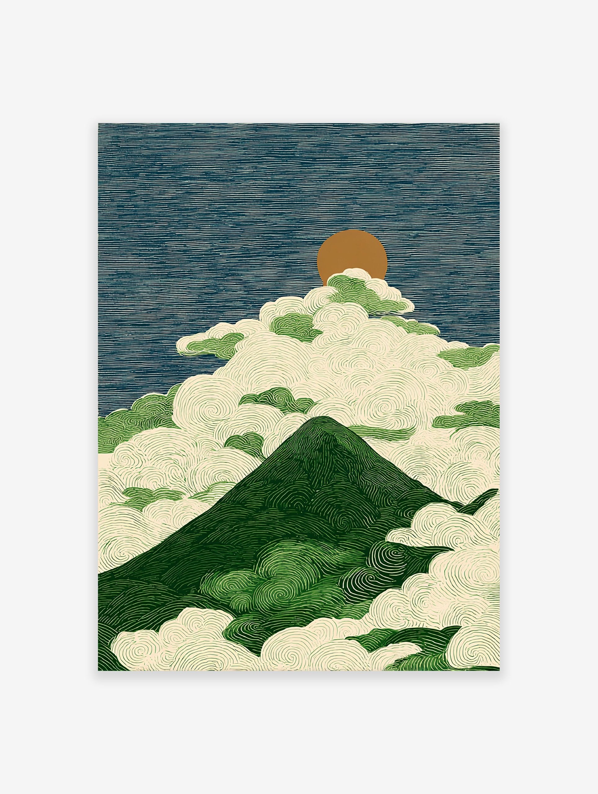 Japanese style mountain landscape wall art with green peak, swirling white clouds, and a brown sun in a blue sky.