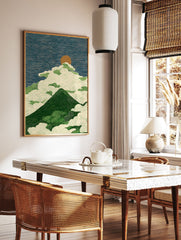 Japanese style mountain landscape wall art with green peak, swirling white clouds, and a brown sun in a blue sky. - Image 3