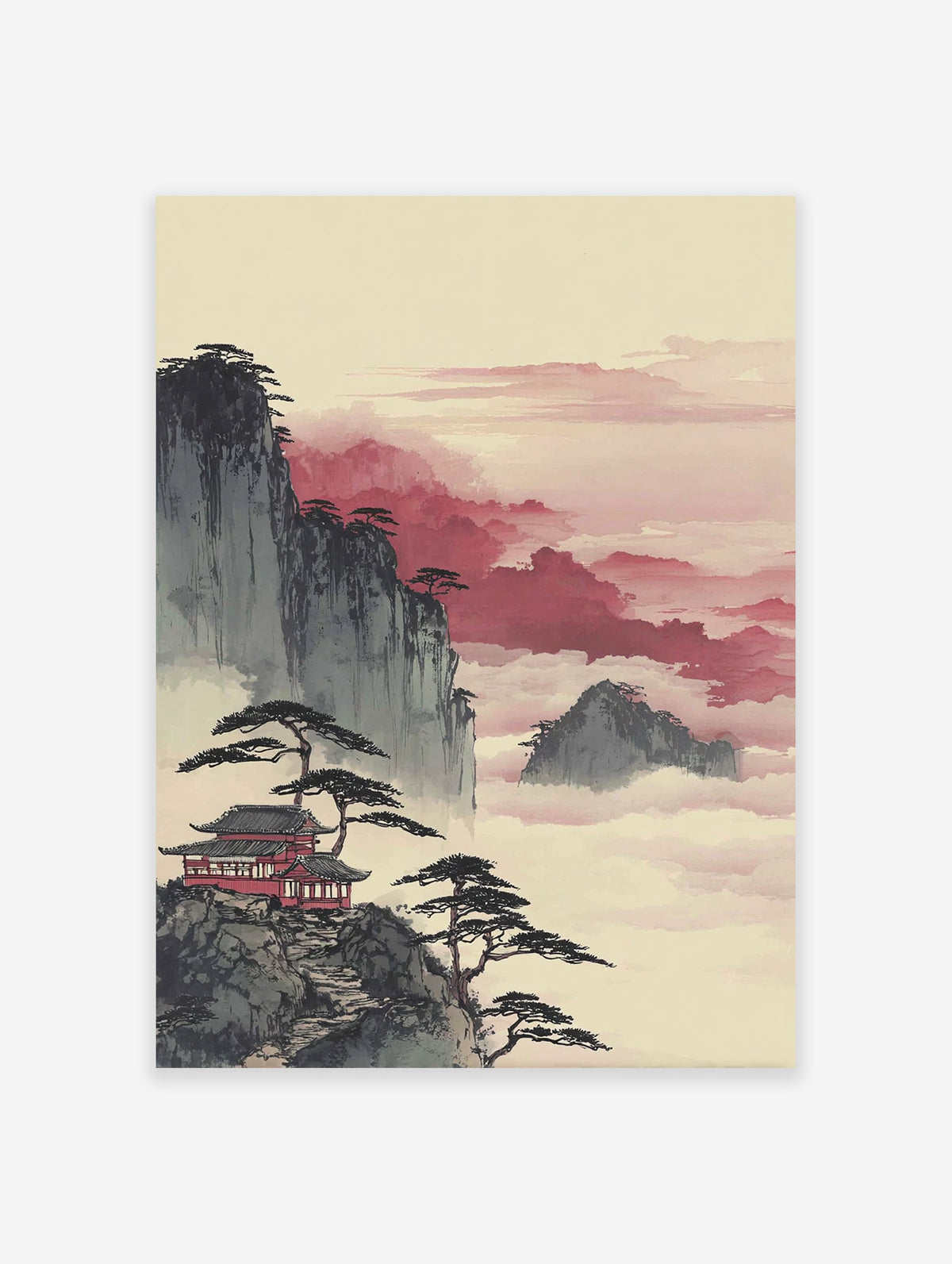 Japanese wall art depicting a red temple on a mountain cliff with pine trees amidst misty, pinkish-red clouds.