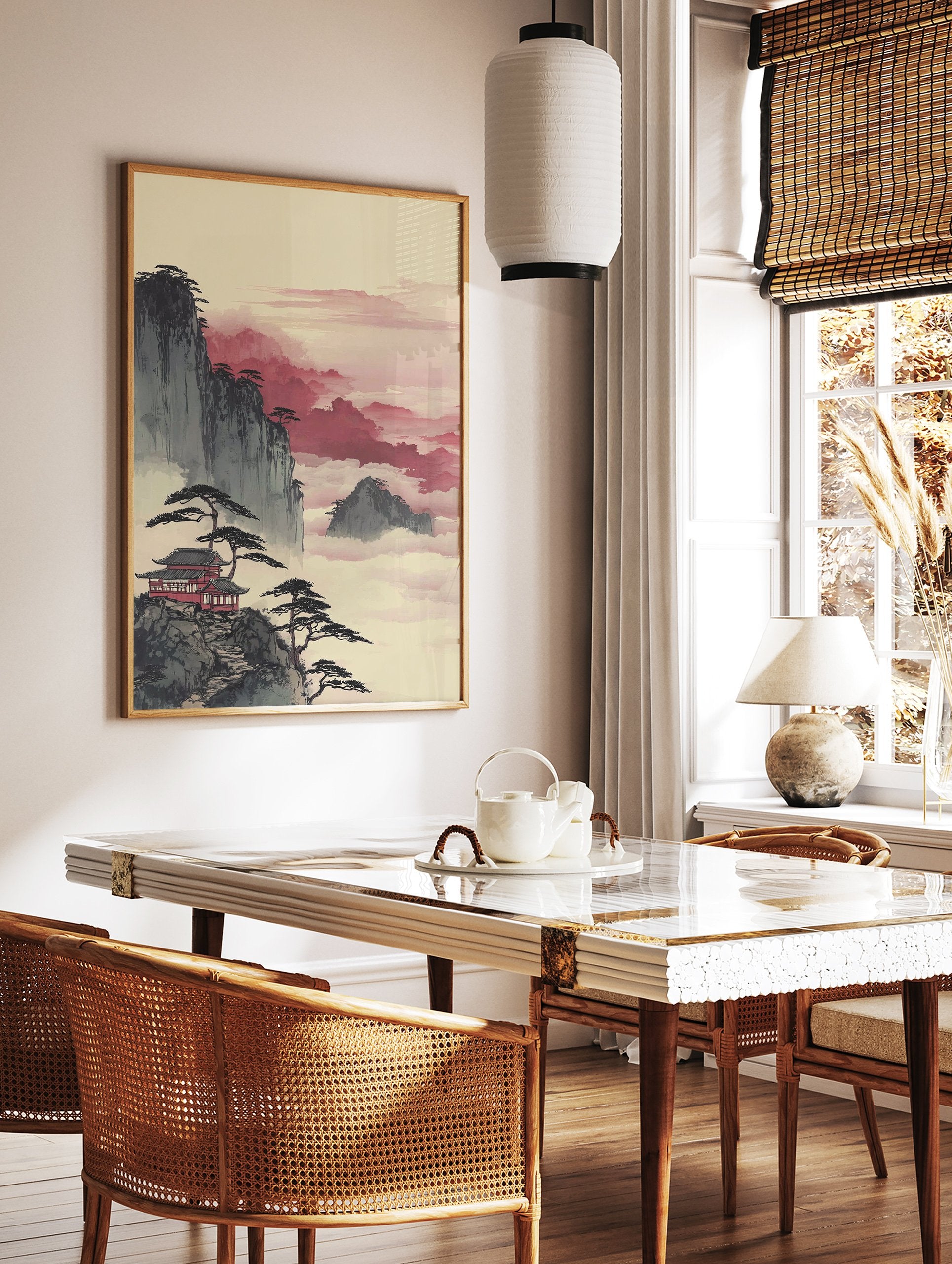 Japanese wall art depicting a red temple on a mountain cliff with pine trees amidst misty, pinkish-red clouds. - Image 2