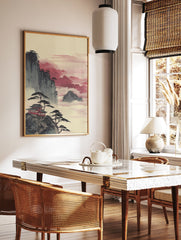 Japanese wall art depicting a red temple on a mountain cliff with pine trees amidst misty, pinkish-red clouds. - Image 2