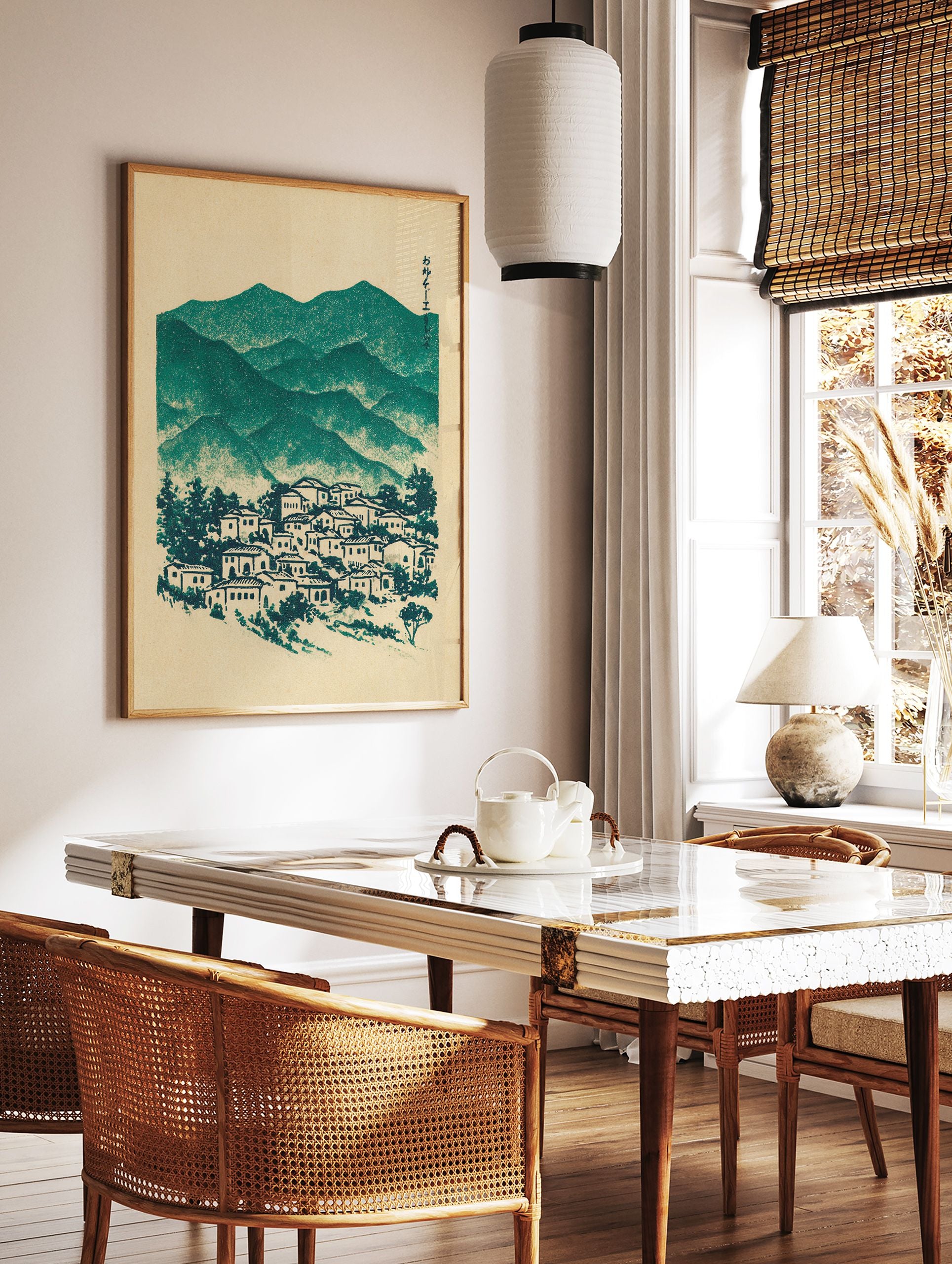 Japanese wall art illustration of a serene mountain village with trees, rendered in teal green and beige on textured paper. - Image 2