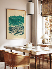 Japanese wall art illustration of a serene mountain village with trees, rendered in teal green and beige on textured paper. - Image 2