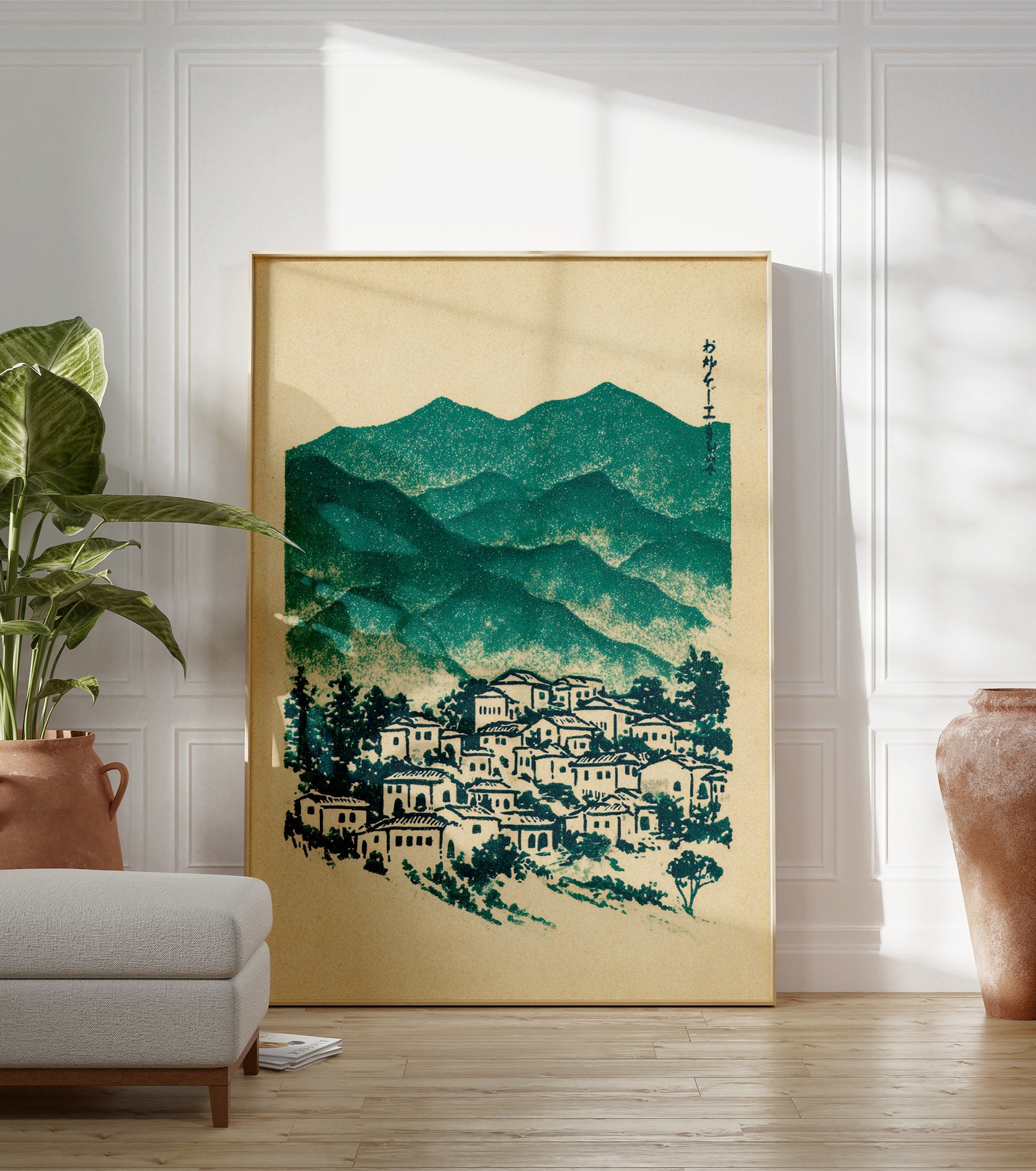 Japanese wall art illustration of a serene mountain village with trees, rendered in teal green and beige on textured paper. - Image 3