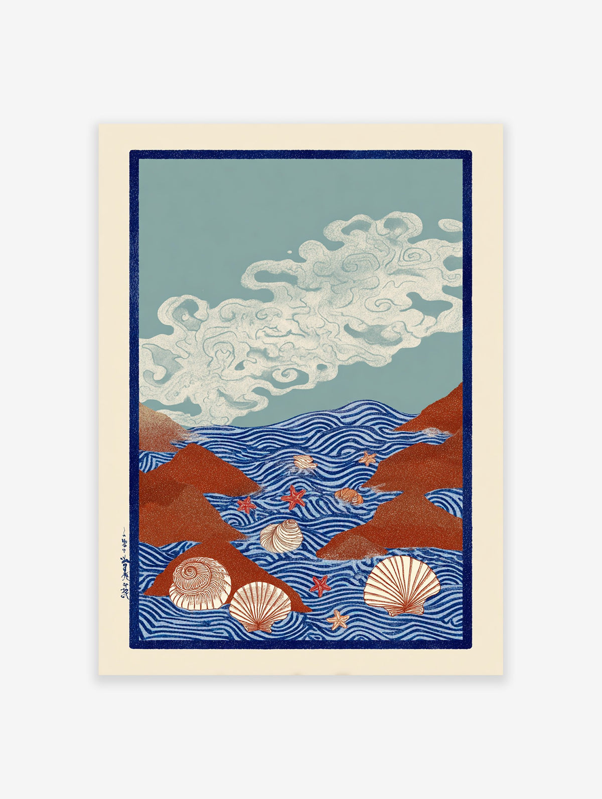 Japanese ocean wall art print with blue waves, red rocks, seashells, and starfish in Ukiyo-e style illustration.