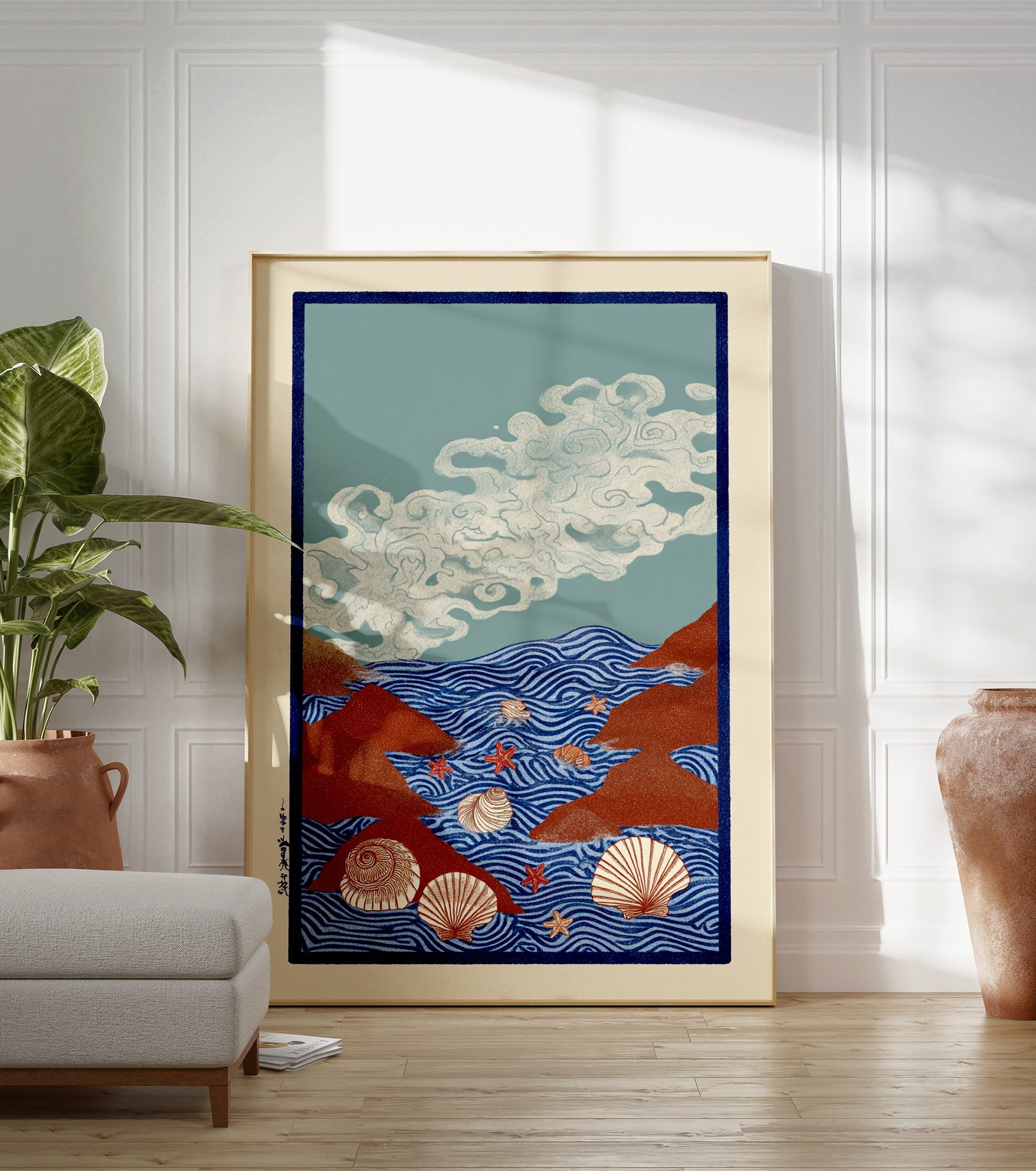 Japanese ocean wall art print with blue waves, red rocks, seashells, and starfish in Ukiyo-e style illustration. - Image 3
