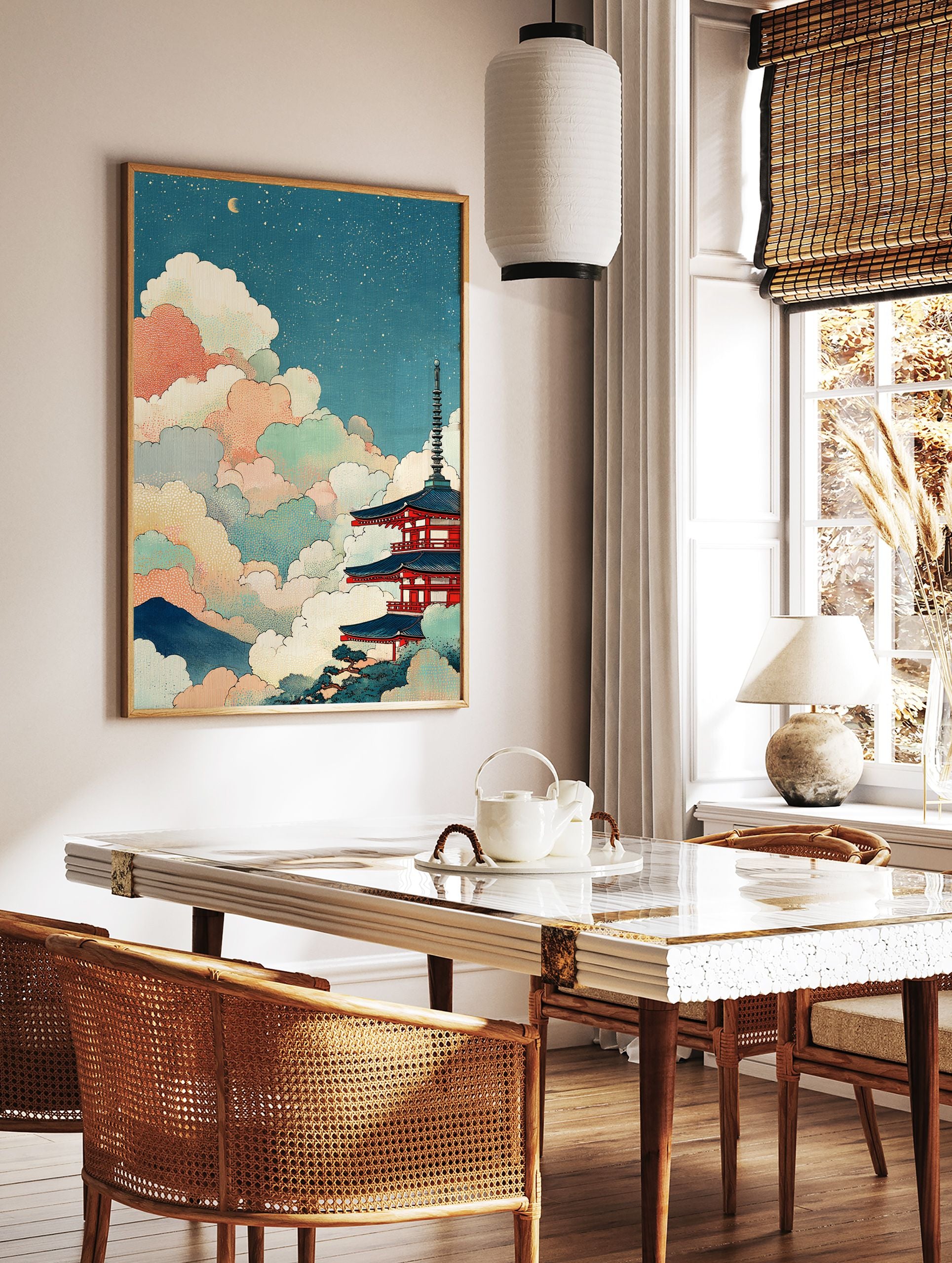 Japanese pagoda wall art with colorful clouds and a crescent moon in Ukiyo-e style - Image 2