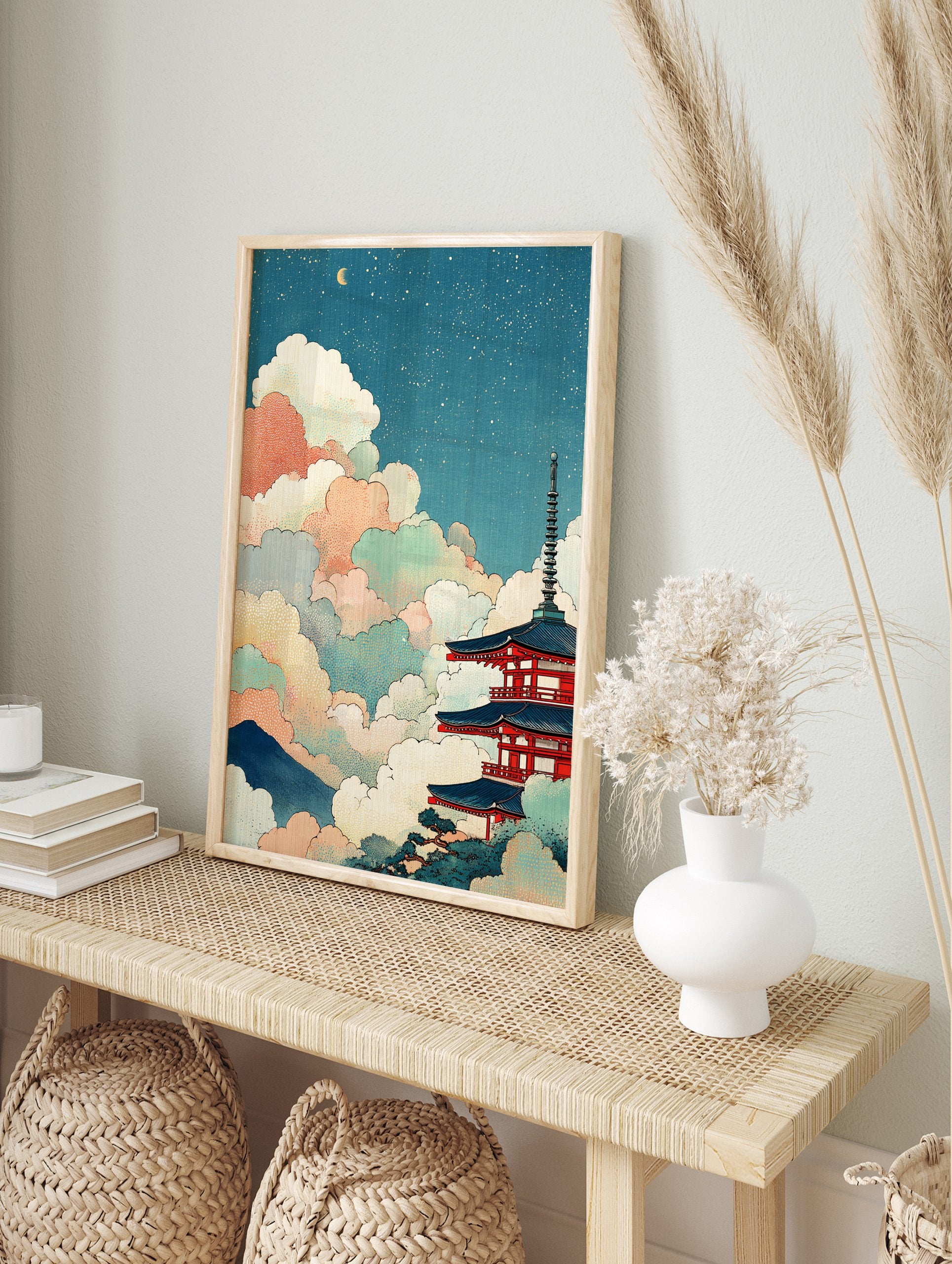 Japanese pagoda wall art with colorful clouds and a crescent moon in Ukiyo-e style - Image 3