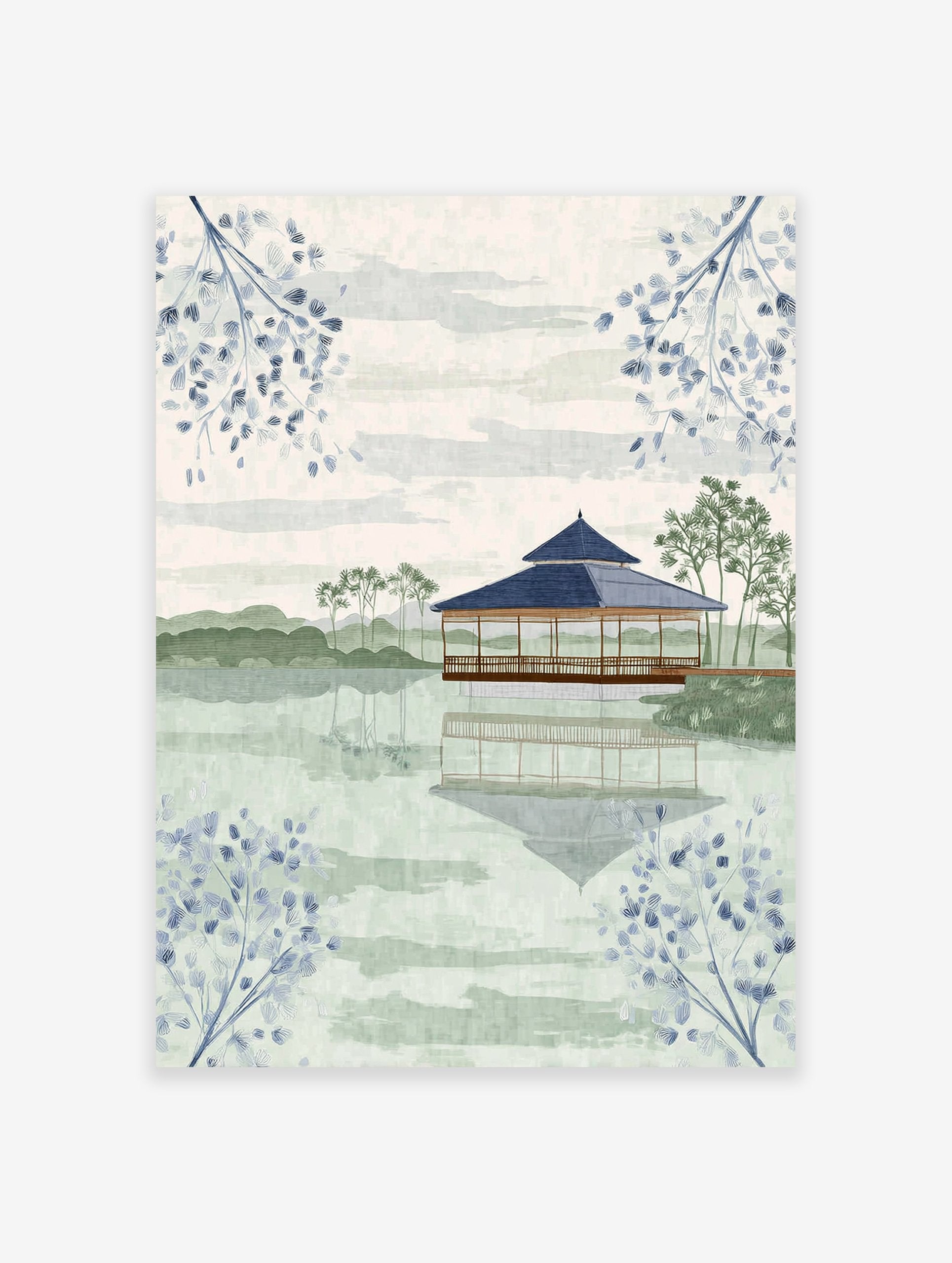 Japanese Wall Art featuring a serene pagoda on a lake with reflections, surrounded by green hills and blue botanical branches.