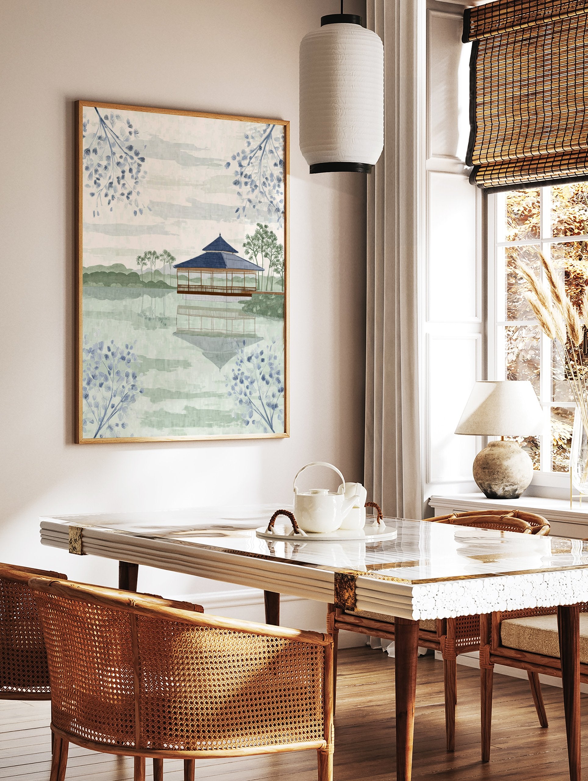 Japanese Wall Art featuring a serene pagoda on a lake with reflections, surrounded by green hills and blue botanical branches. - Image 2