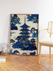 Blue and white traditional Japanese landscape wall art print featuring a pagoda, mountains, and trees. - Image 2