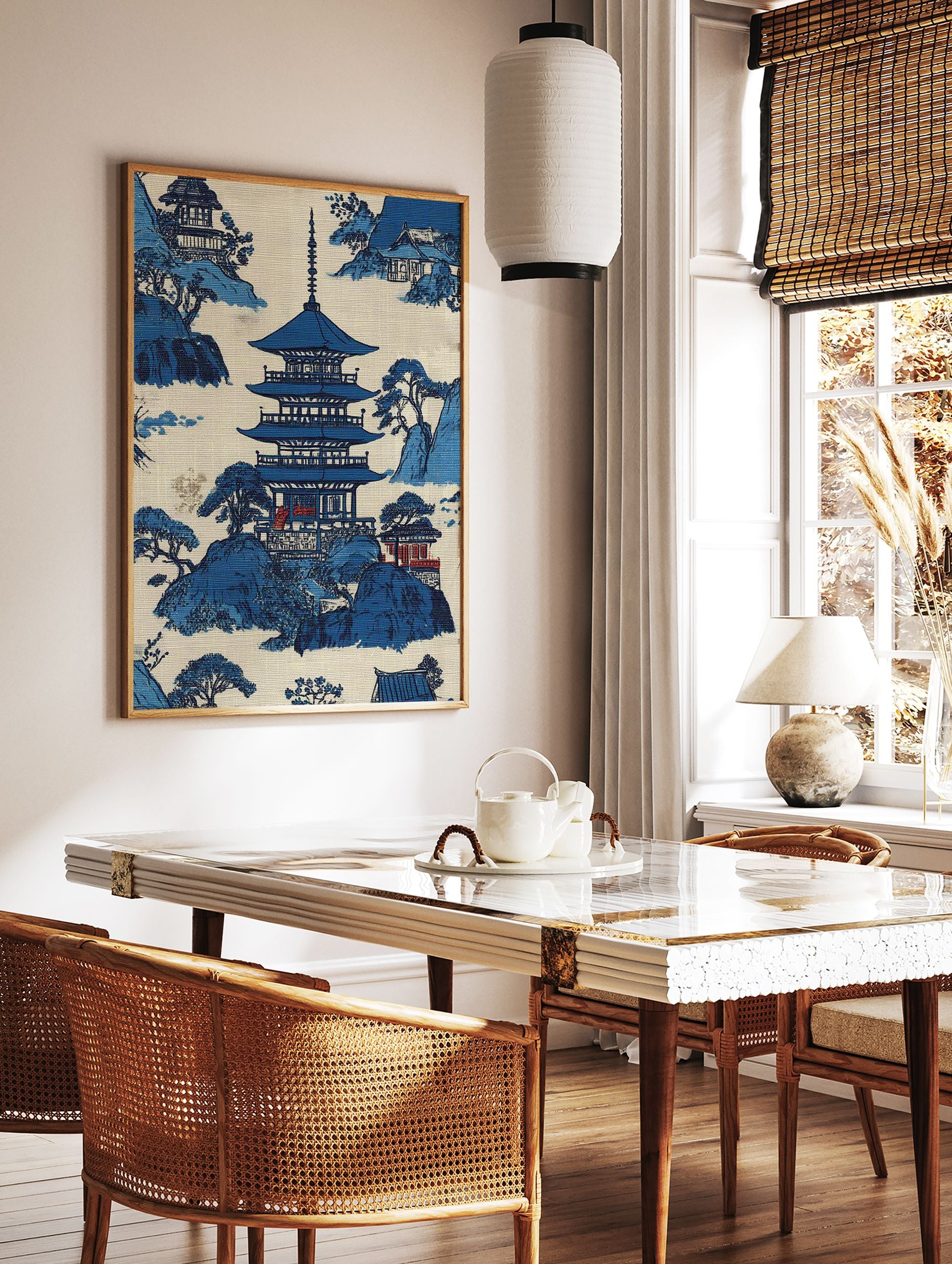 Blue and white traditional Japanese landscape wall art print featuring a pagoda, mountains, and trees. - Image 3