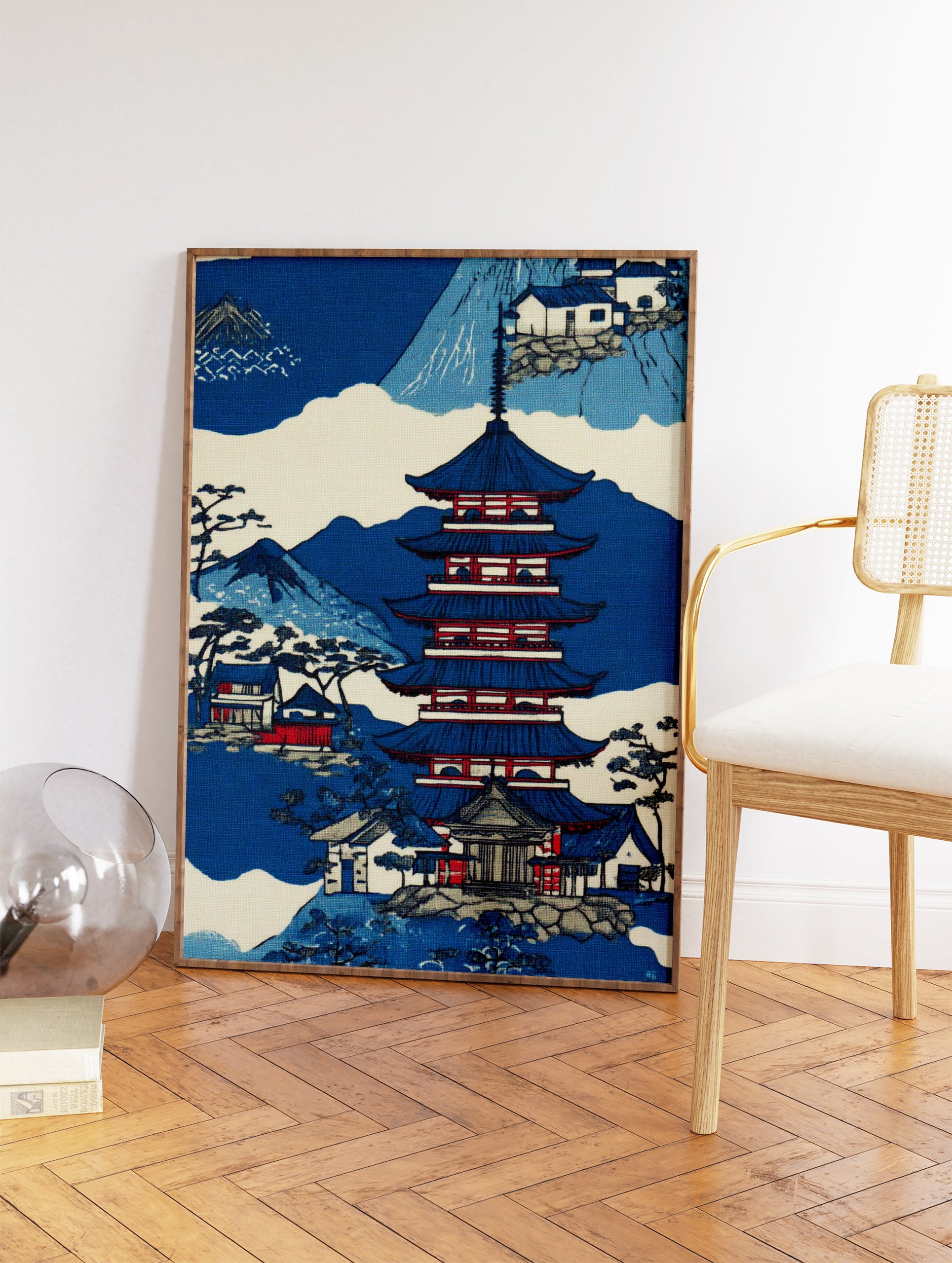 Japanese pagoda wall art print with traditional houses, blue mountains, and trees in a classic Ukiyo-e style. - Image 2