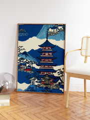 Japanese pagoda wall art print with traditional houses, blue mountains, and trees in a classic Ukiyo-e style. - Image 2