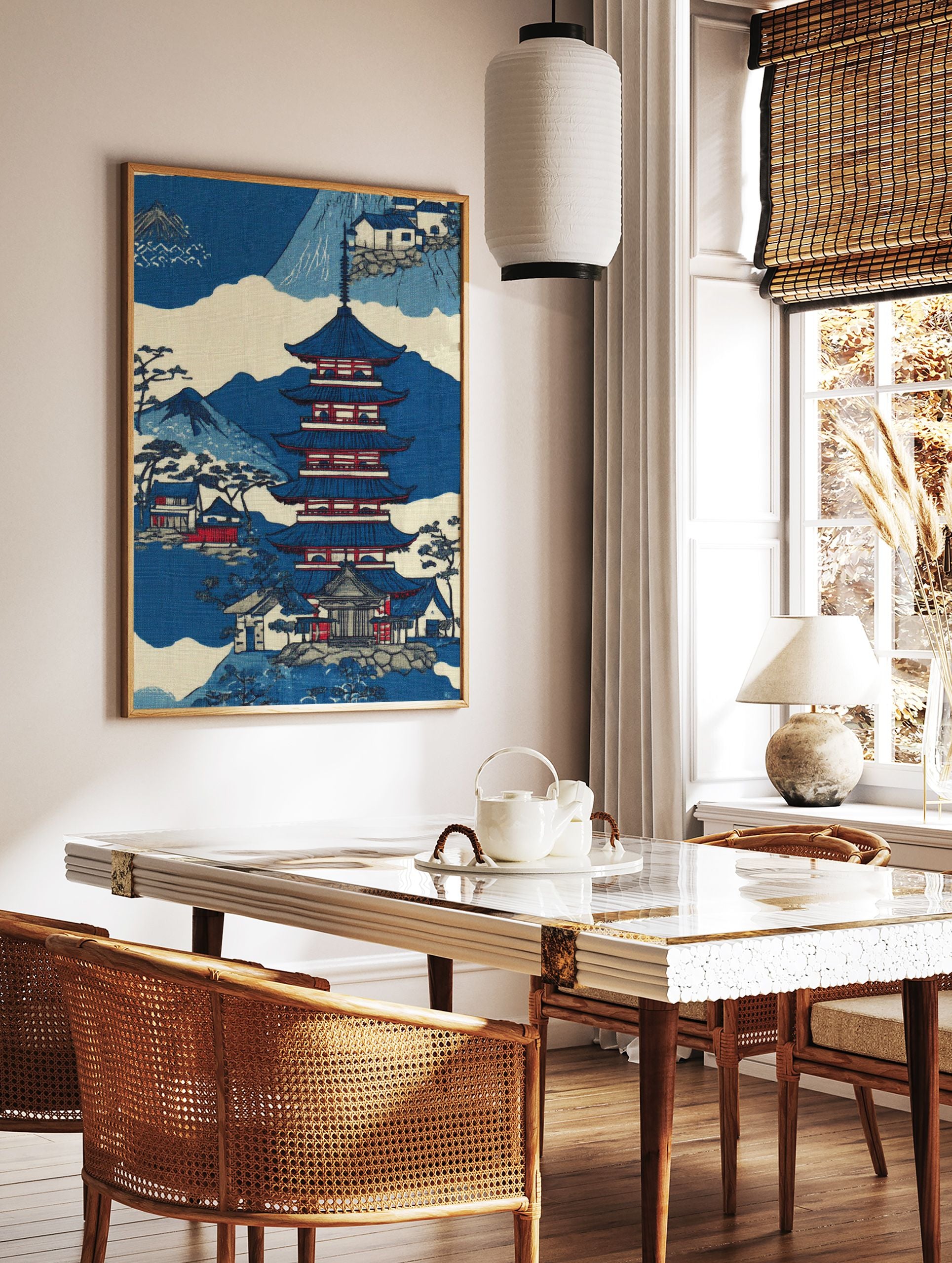 Japanese pagoda wall art print with traditional houses, blue mountains, and trees in a classic Ukiyo-e style. - Image 3