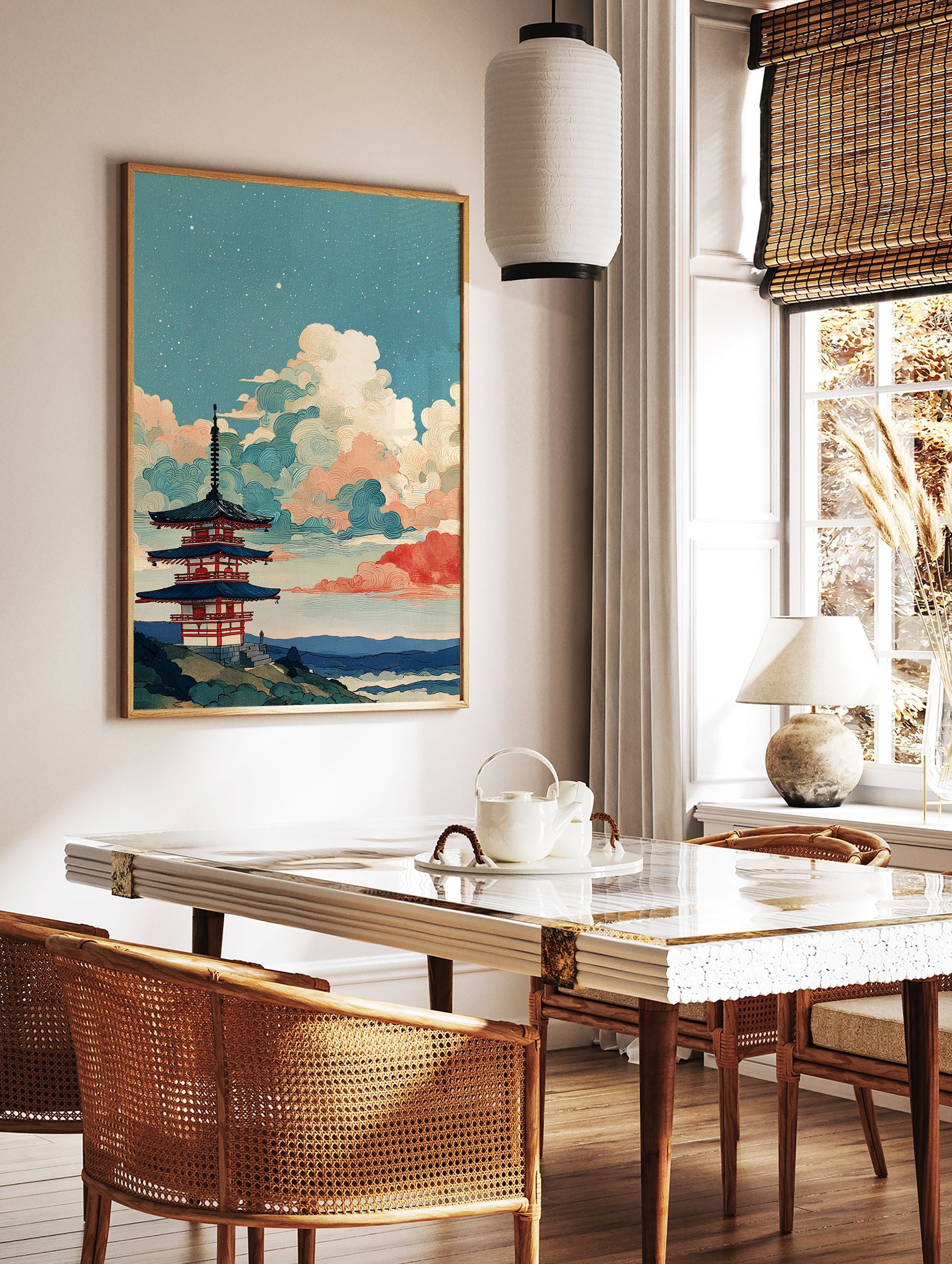 Japanese wall art print of a multi-tiered pagoda against a blue sky with stylized white and red clouds, stars, and a landscape. - Image 2