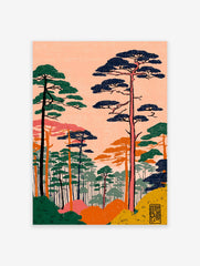 Japanese Wall Art print featuring a stylized pine forest landscape with green, blue, orange trees against a peach sky.