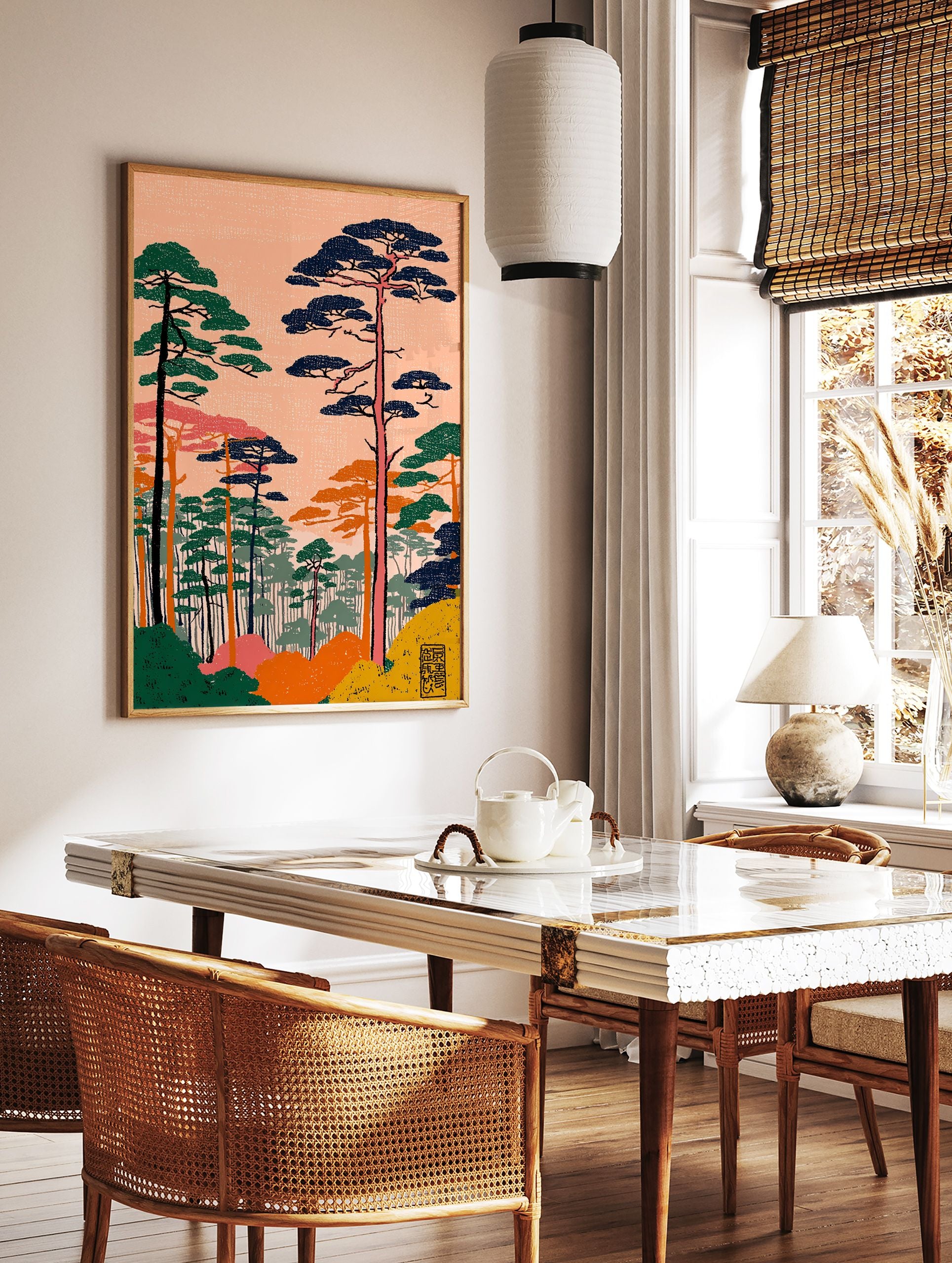 Japanese Wall Art print featuring a stylized pine forest landscape with green, blue, orange trees against a peach sky. - Image 2