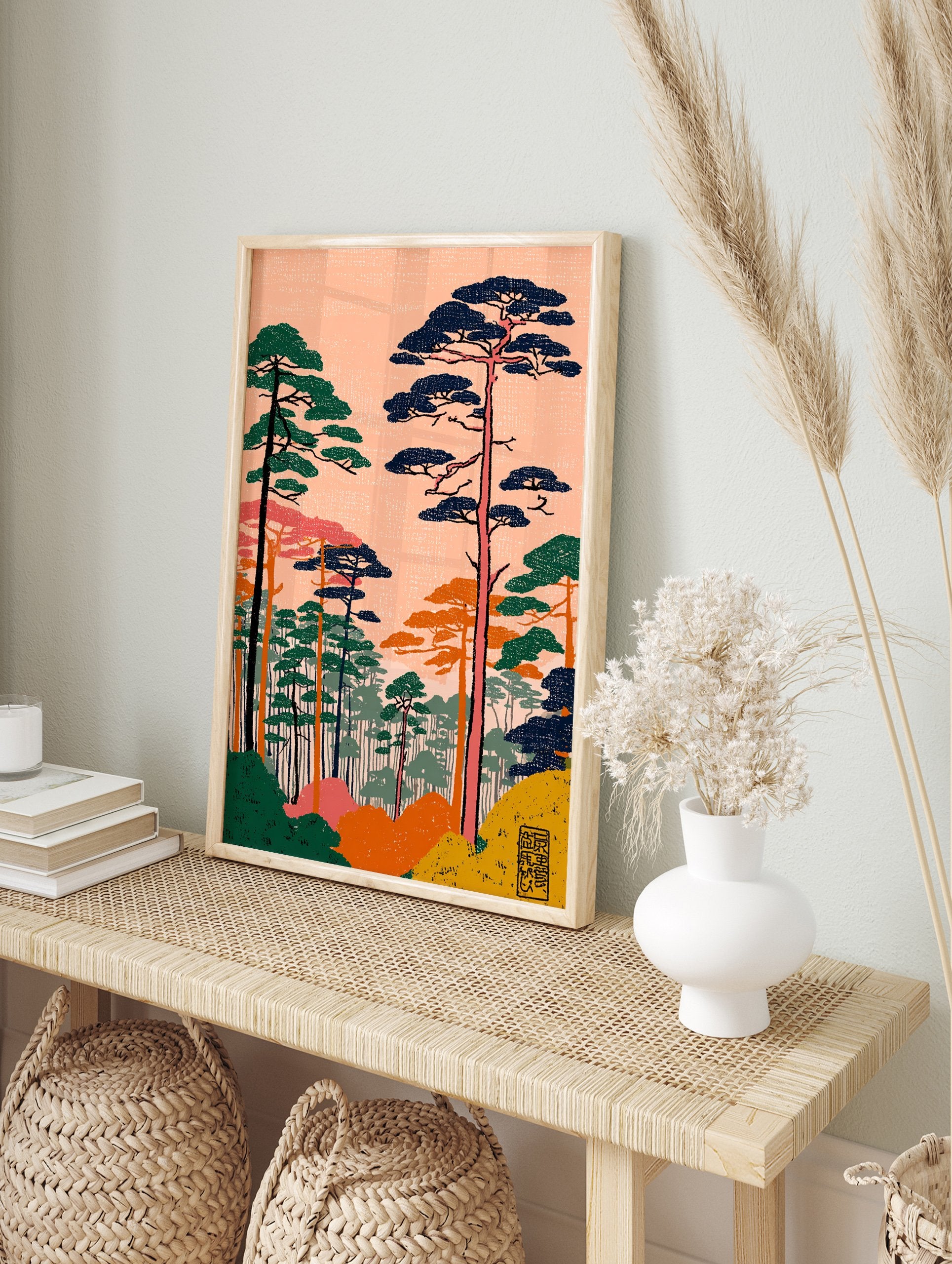Japanese Wall Art print featuring a stylized pine forest landscape with green, blue, orange trees against a peach sky. - Image 3
