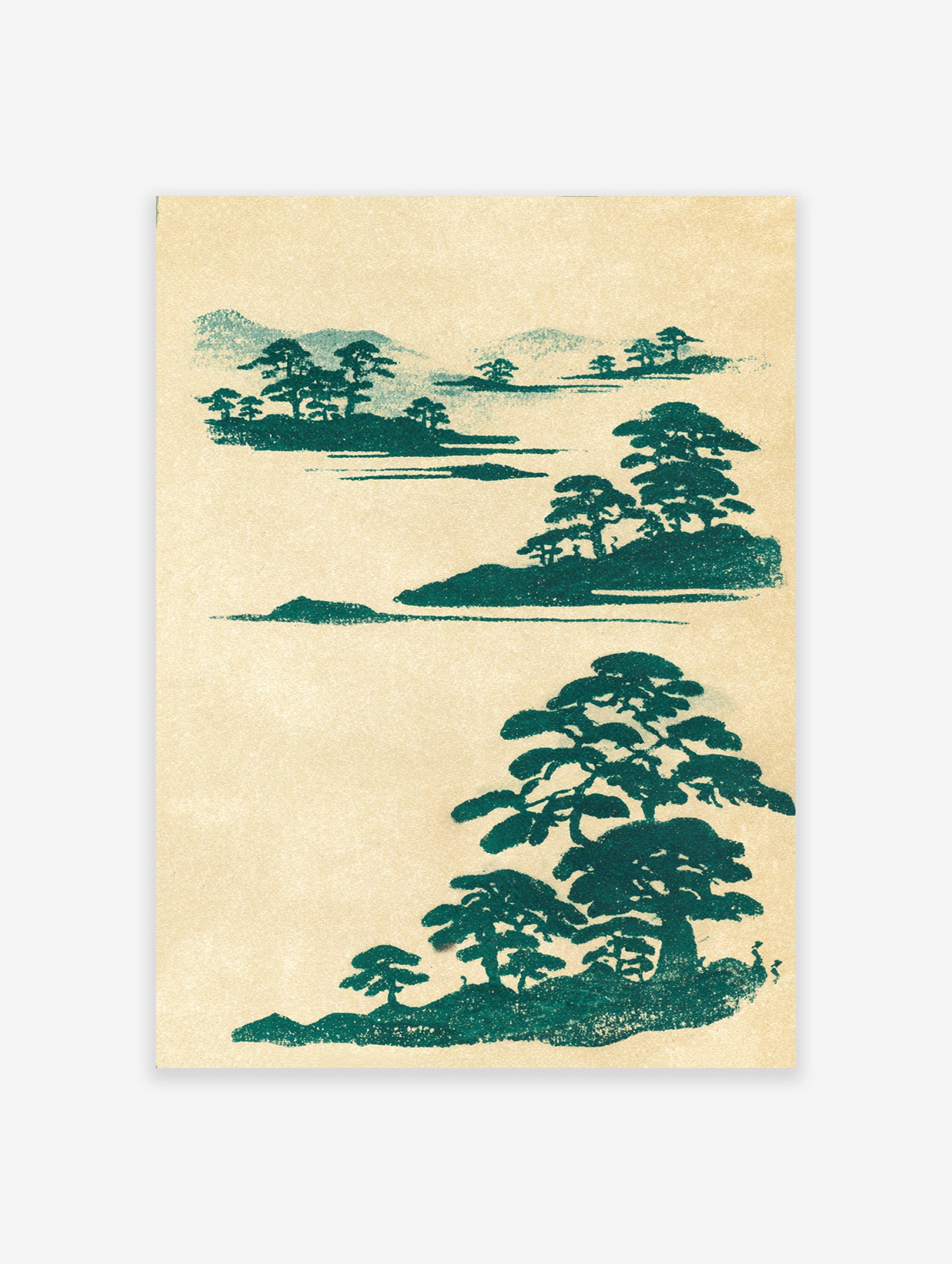 Japanese landscape wall art print with stylized green pine trees and hills on a light beige background, traditional style.