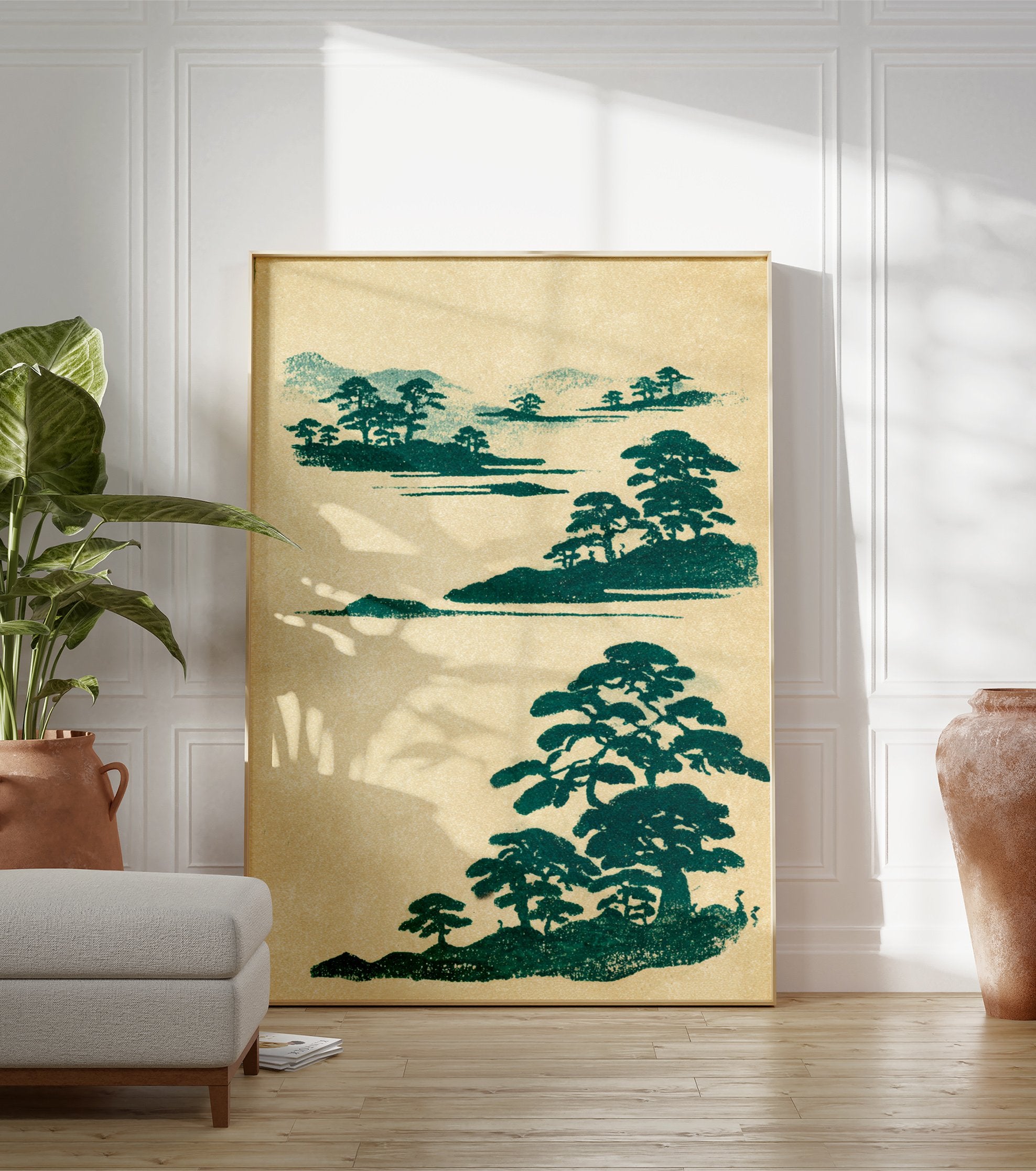 Japanese landscape wall art print with stylized green pine trees and hills on a light beige background, traditional style. - Image 3