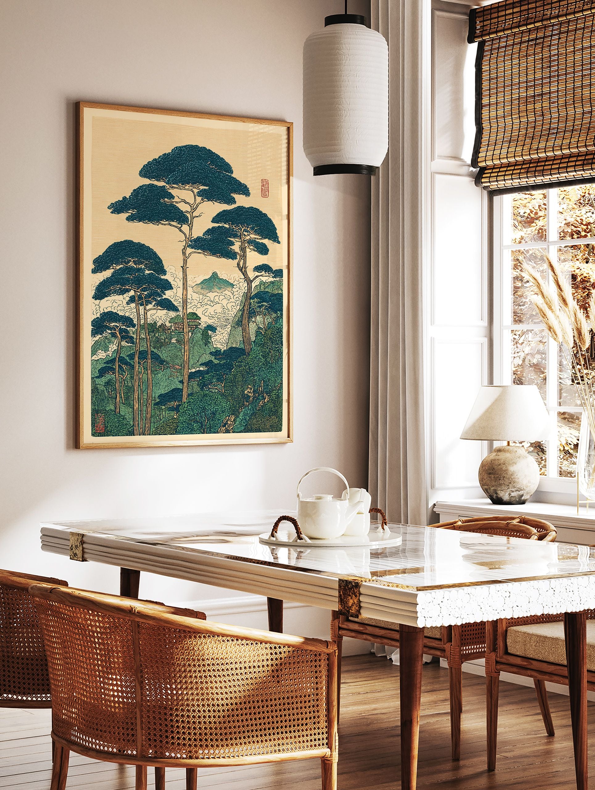 Japanese landscape wall art print with large dark blue pine trees, green mountains, clouds, and a temple in Ukiyo-e style. - Image 2