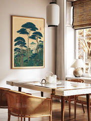 Japanese landscape wall art print with large dark blue pine trees, green mountains, clouds, and a temple in Ukiyo-e style. - Image 2