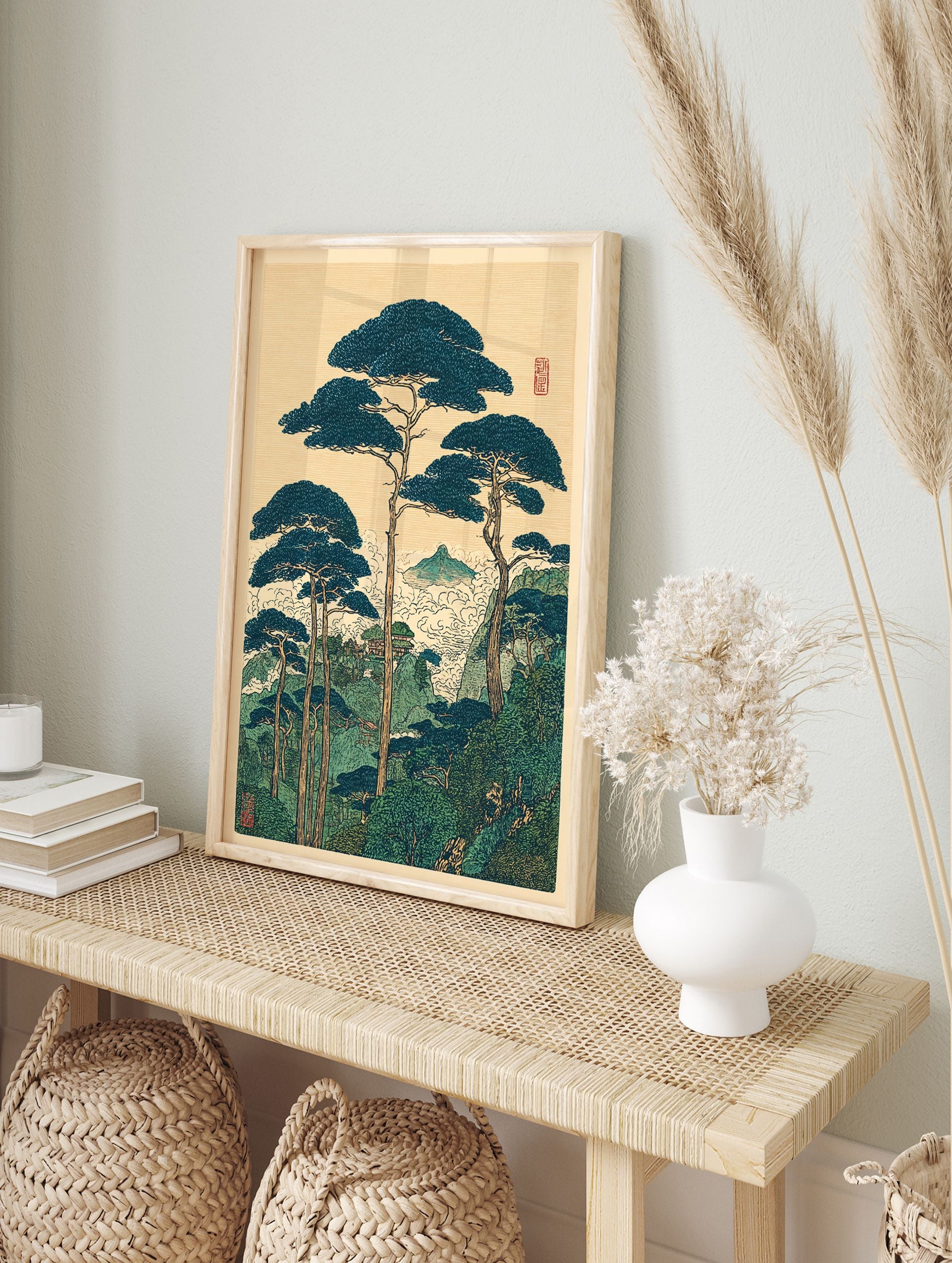 Japanese landscape wall art print with large dark blue pine trees, green mountains, clouds, and a temple in Ukiyo-e style. - Image 3