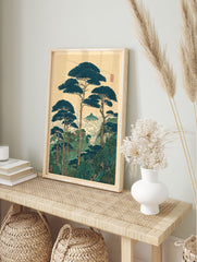 Japanese landscape wall art print with large dark blue pine trees, green mountains, clouds, and a temple in Ukiyo-e style. - Image 3