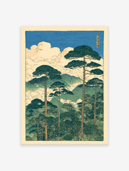 Japanese wall art print of tall pine trees on a misty mountain landscape with clouds and blue sky, in a traditional woodblock style.