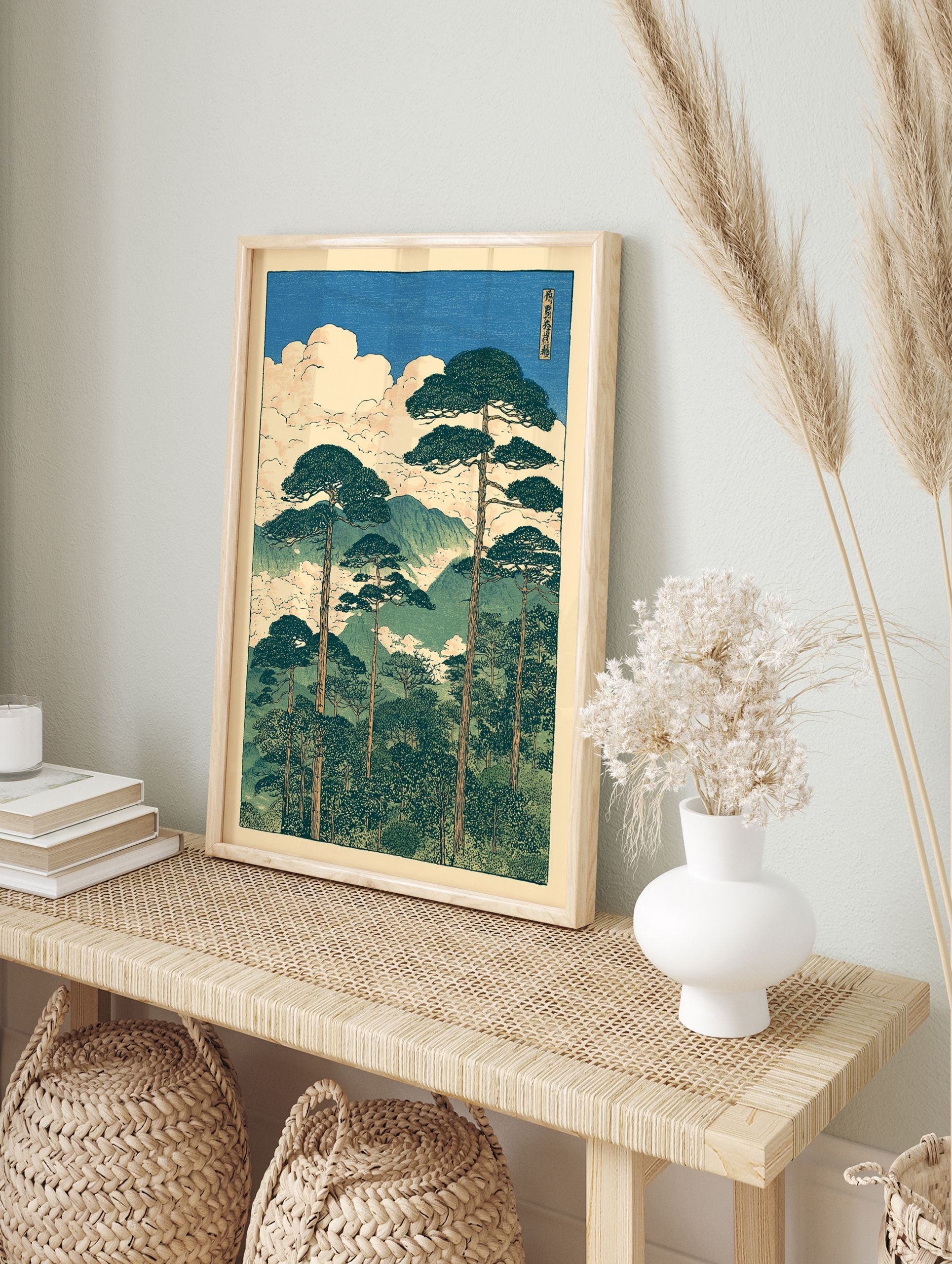 Japanese wall art print of tall pine trees on a misty mountain landscape with clouds and blue sky, in a traditional woodblock style. - Image 3