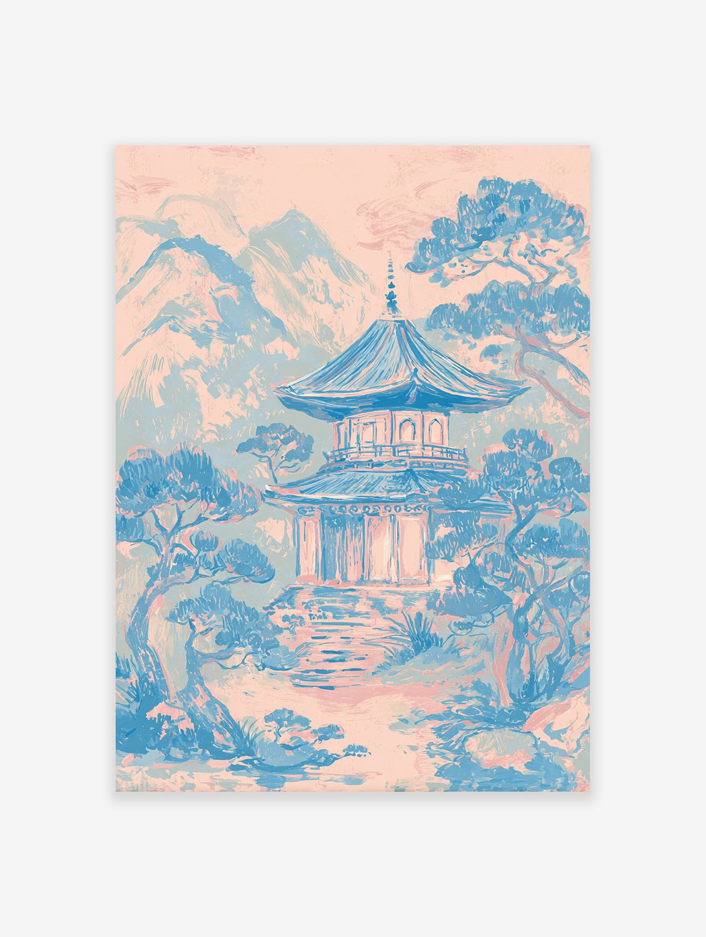 Japanese Wall Art print of a pink and blue pagoda temple in a serene mountain landscape with pine trees.