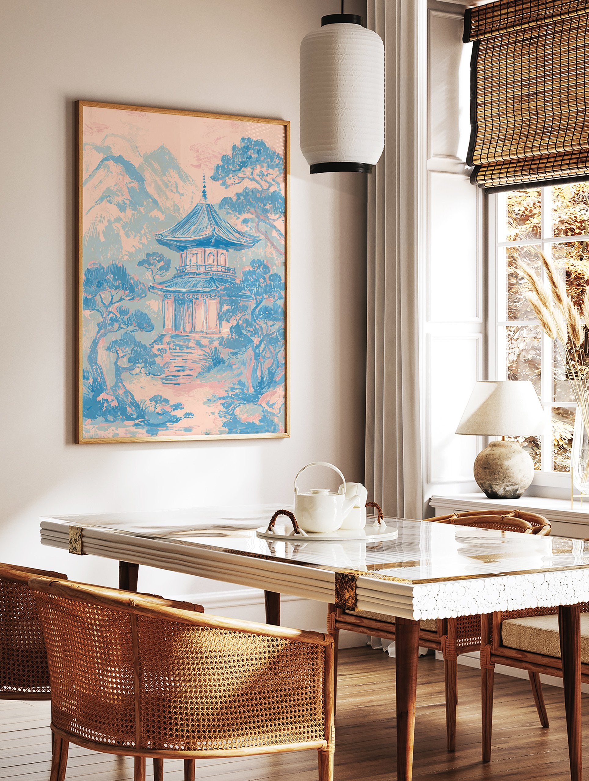 Japanese Wall Art print of a pink and blue pagoda temple in a serene mountain landscape with pine trees. - Image 2