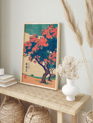 Japanese wall art print with two pink blossom trees and green leaves in Ukiyo-e woodblock style on a textured background. - Image 3