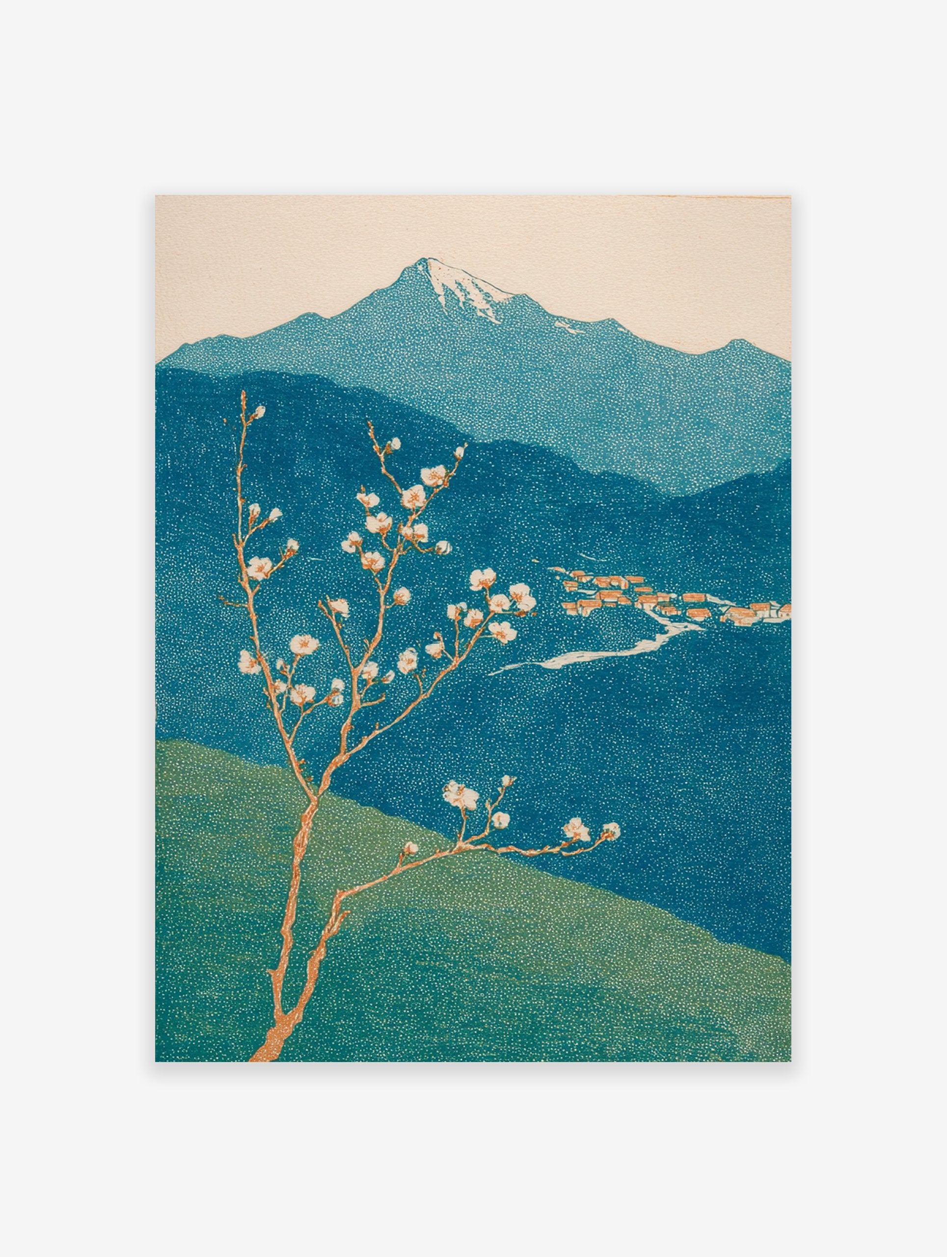 Japanese Wall Art showing a plum blossom tree, snow-capped mountain, and village in a traditional woodblock print style.