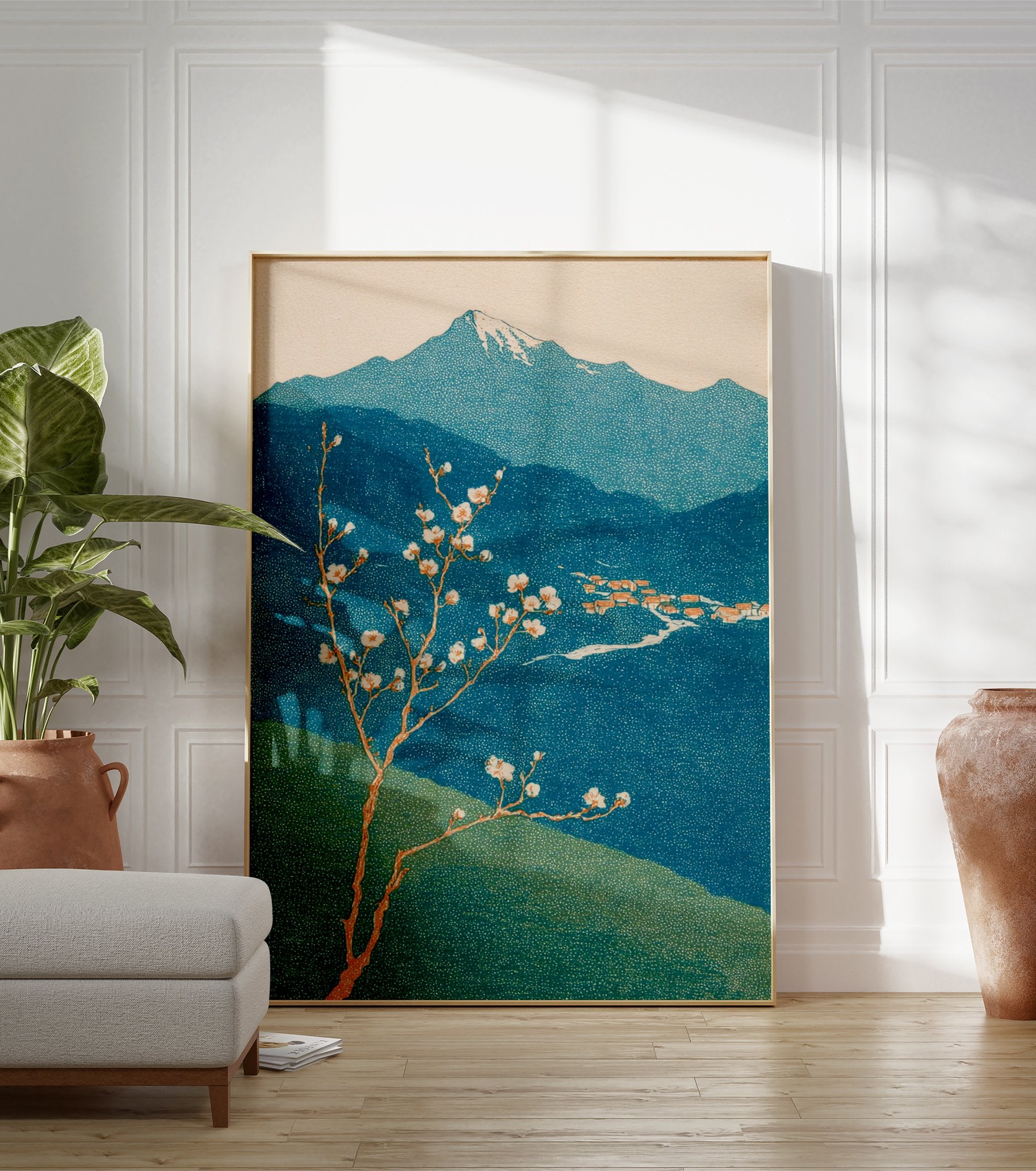 Japanese Wall Art showing a plum blossom tree, snow-capped mountain, and village in a traditional woodblock print style. - Image 3