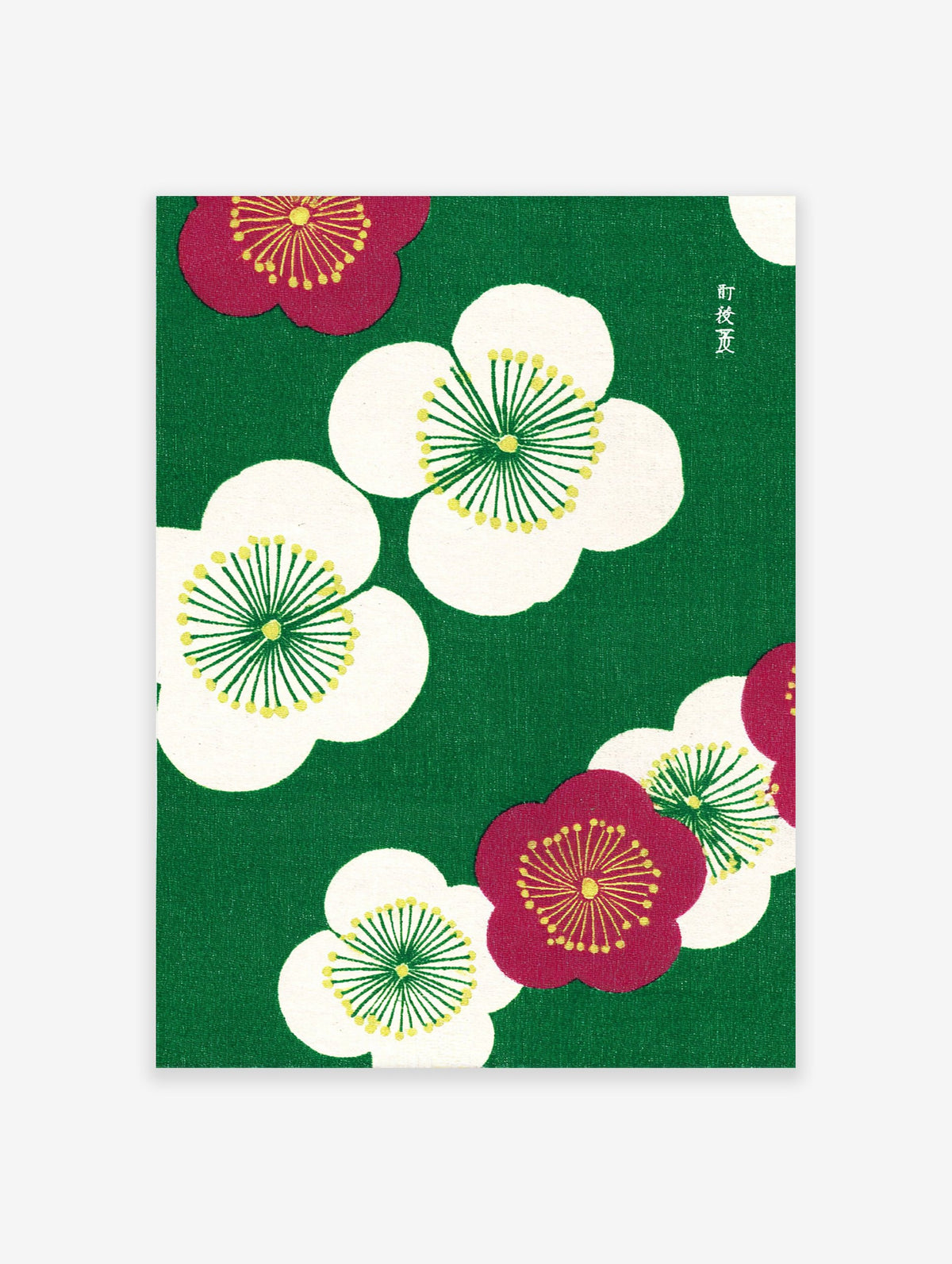 Japanese plum blossom wall art with white and red flowers on a green background, featuring traditional Asian floral design.