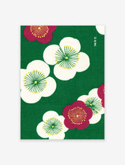 Japanese plum blossom wall art with white and red flowers on a green background, featuring traditional Asian floral design.