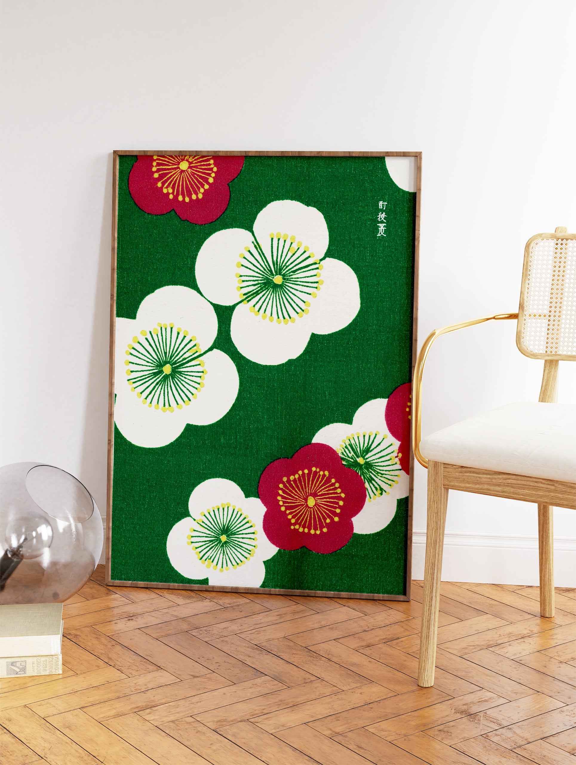 Japanese plum blossom wall art with white and red flowers on a green background, featuring traditional Asian floral design. - Image 2