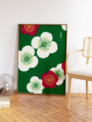 Japanese plum blossom wall art with white and red flowers on a green background, featuring traditional Asian floral design. - Image 2