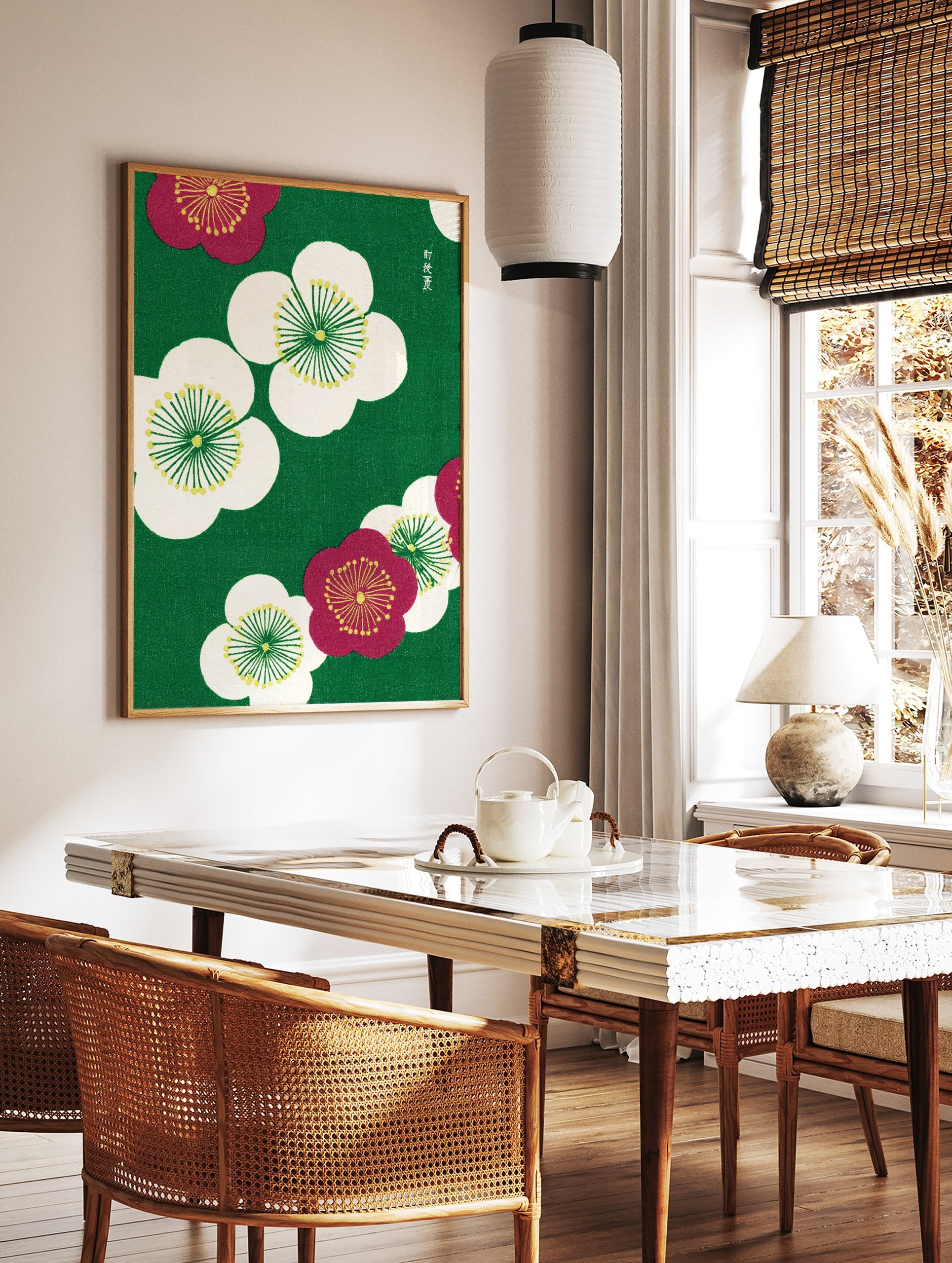 Japanese plum blossom wall art with white and red flowers on a green background, featuring traditional Asian floral design. - Image 3